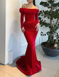 Green Mermaid Off-Shoulder Velvet Long Sleeve Lace-Up Back Train Evening Gown - Chloe Dress