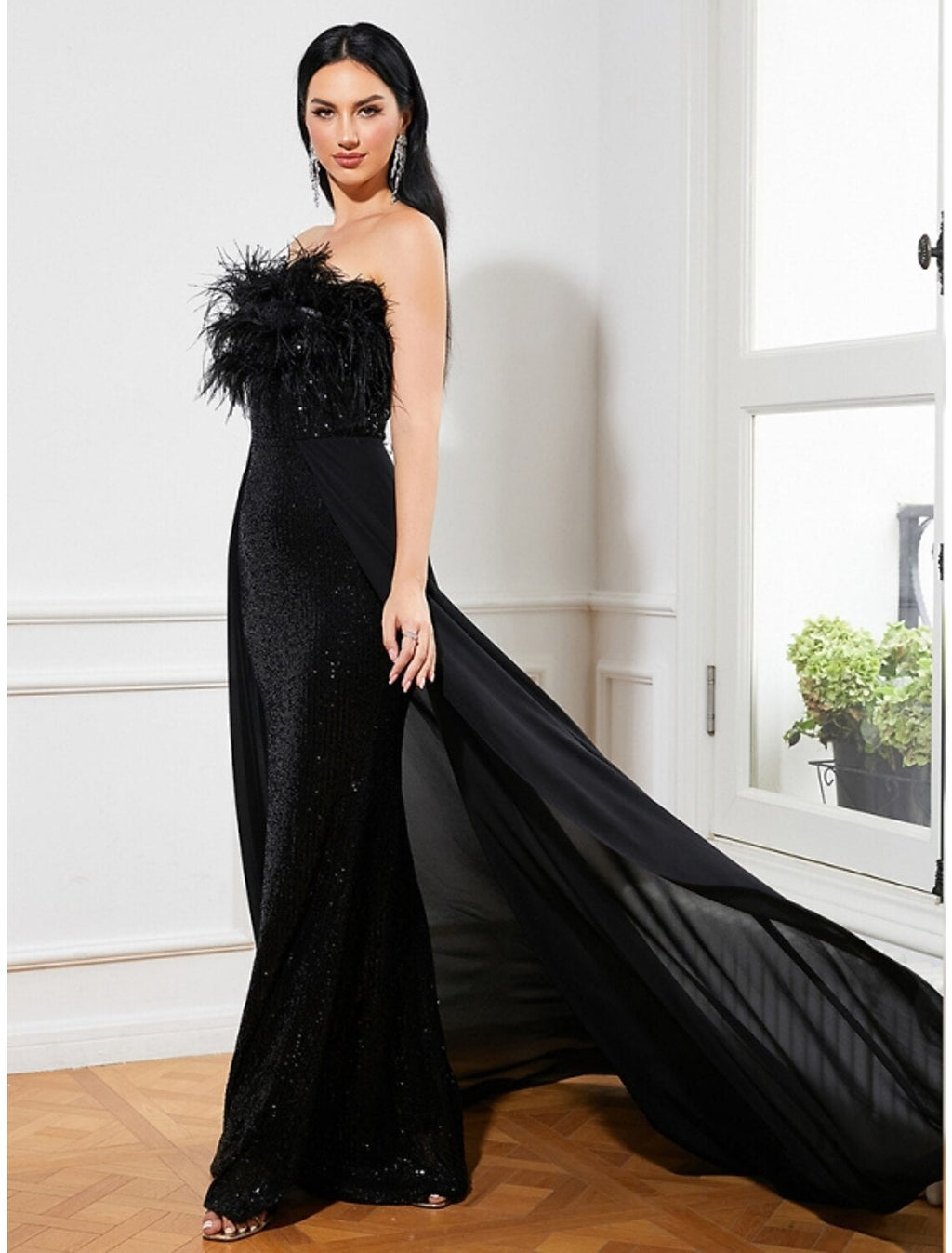 Black A-Line Strapless Sequin Sleeveless Train Evening Gown - Chloe Dress