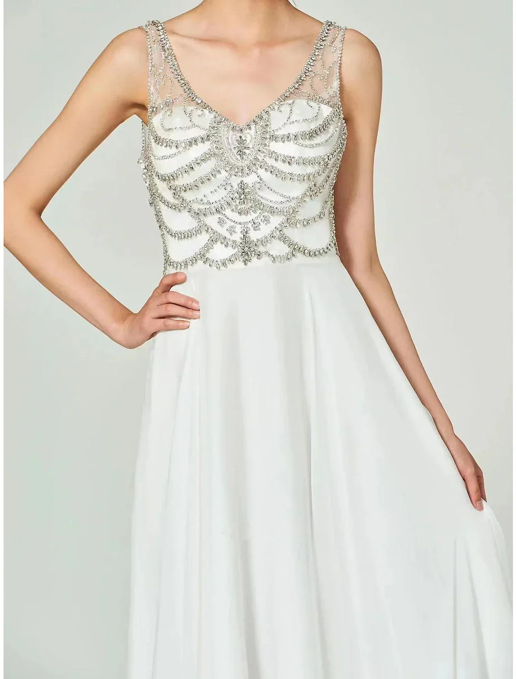 A-Line V-Neck Chiffon Sleeveless Open Back Rhinestone Floor-Length Evening Gown - Chloe Dress