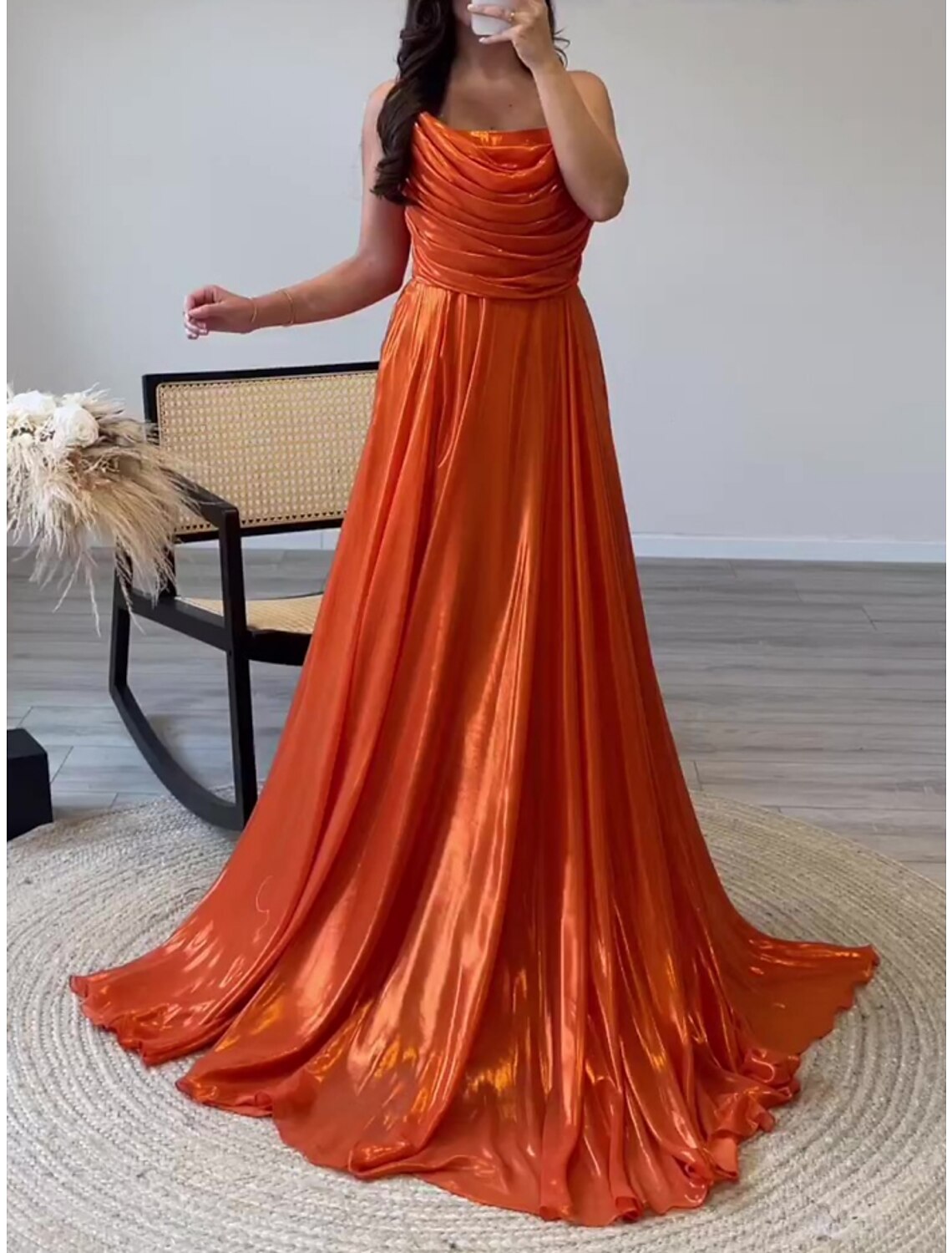 A-Line Spaghetti Strap Satin Sleeveless Pleated Evening Gown - Chloe Dress
