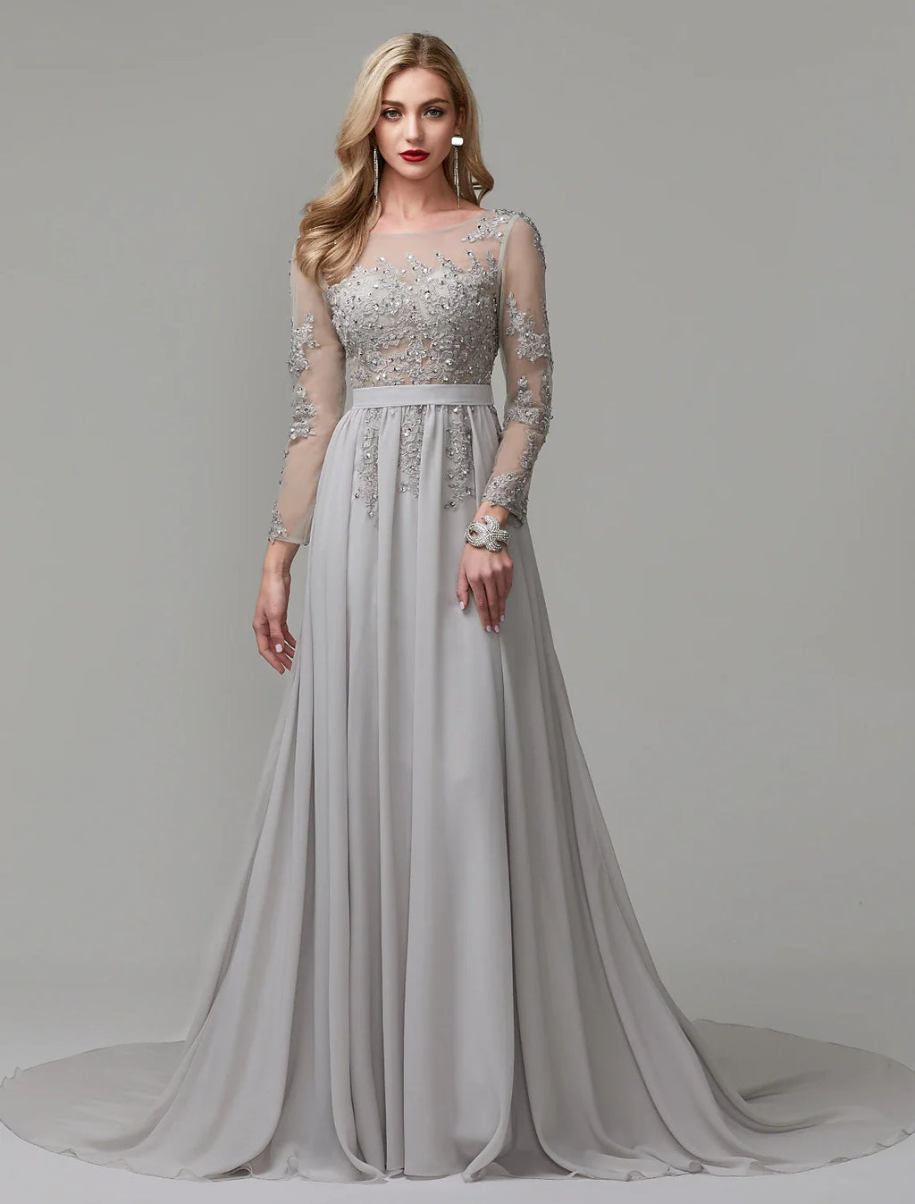 A-Line Illusion Chiffon Long Sleeve Open Back Train Evening Dress - Chloe Dress