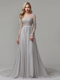 A-Line Illusion Chiffon Long Sleeve Open Back Train Evening Dress - Chloe Dress