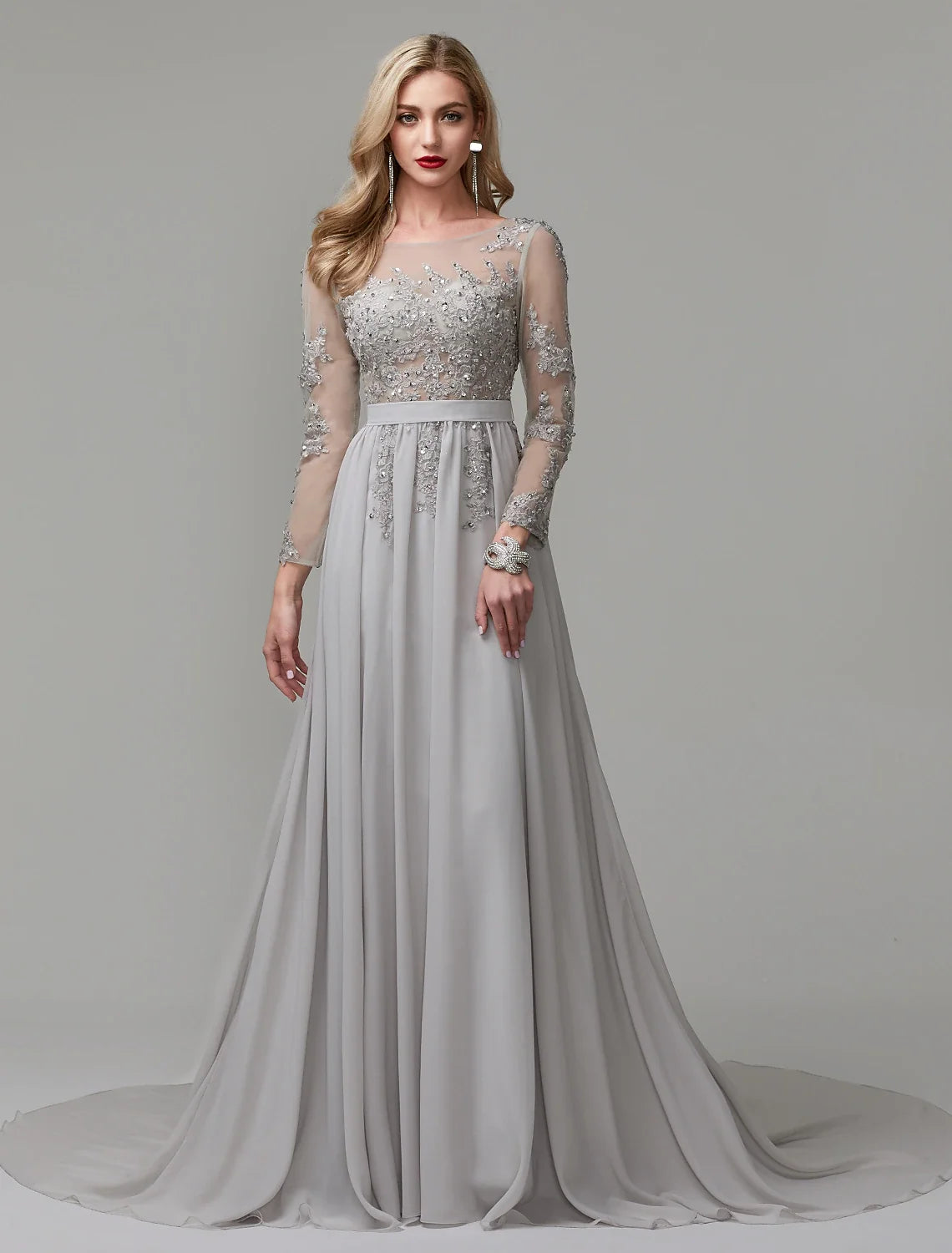 A-Line Illusion Chiffon Long Sleeve Open Back Train Evening Dress - Chloe Dress