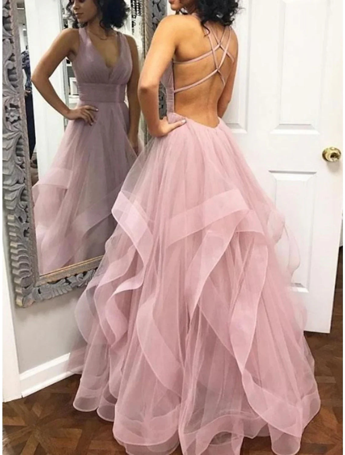 Ball Gown V-Neck Organza Sleeveless Backless Ruffled Floor-Length Prom Gown - Chloe Dress