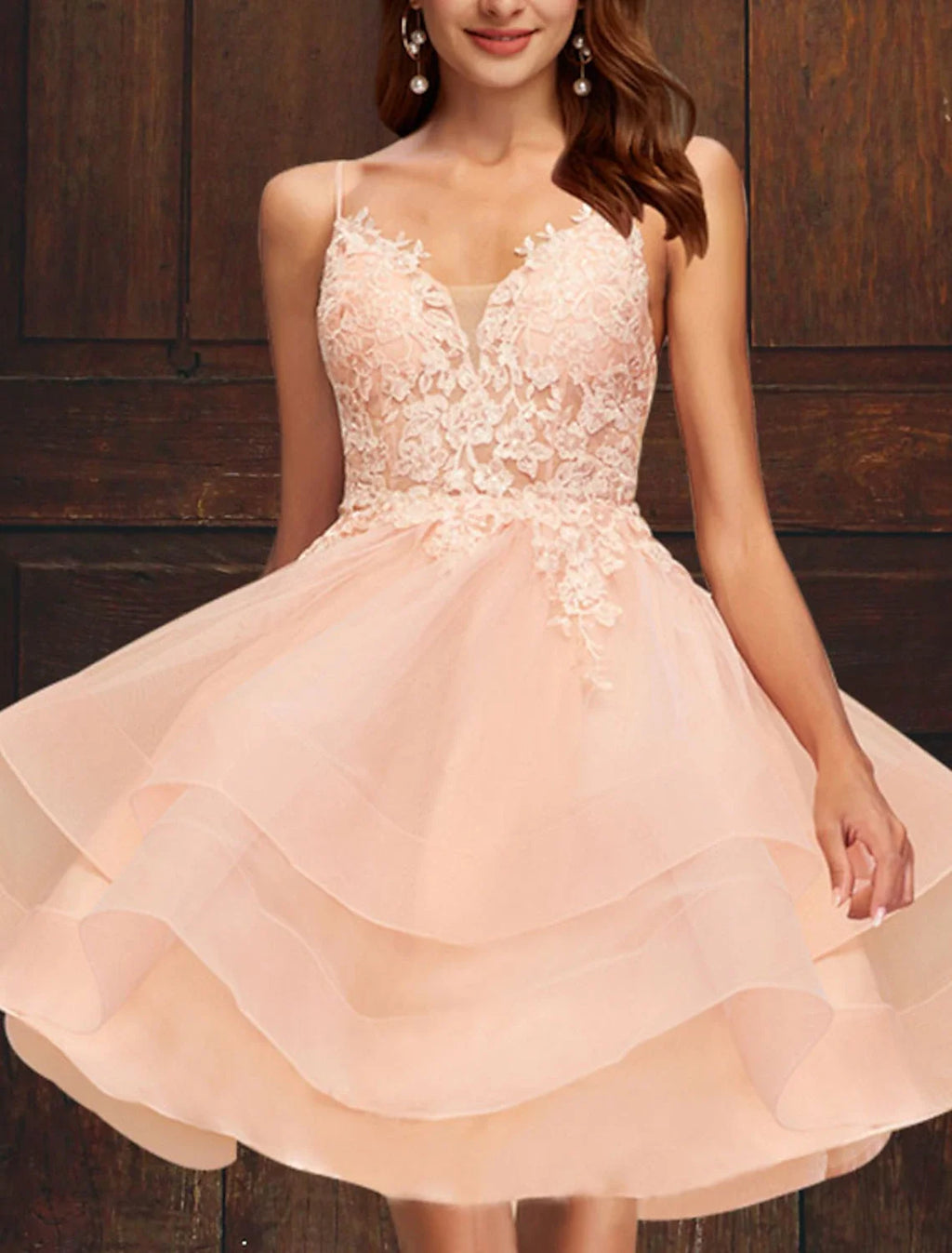 Pink A-Line V-Neck Tulle Sleeveless Tiered Mini Cocktail Dress - Chloe Dress