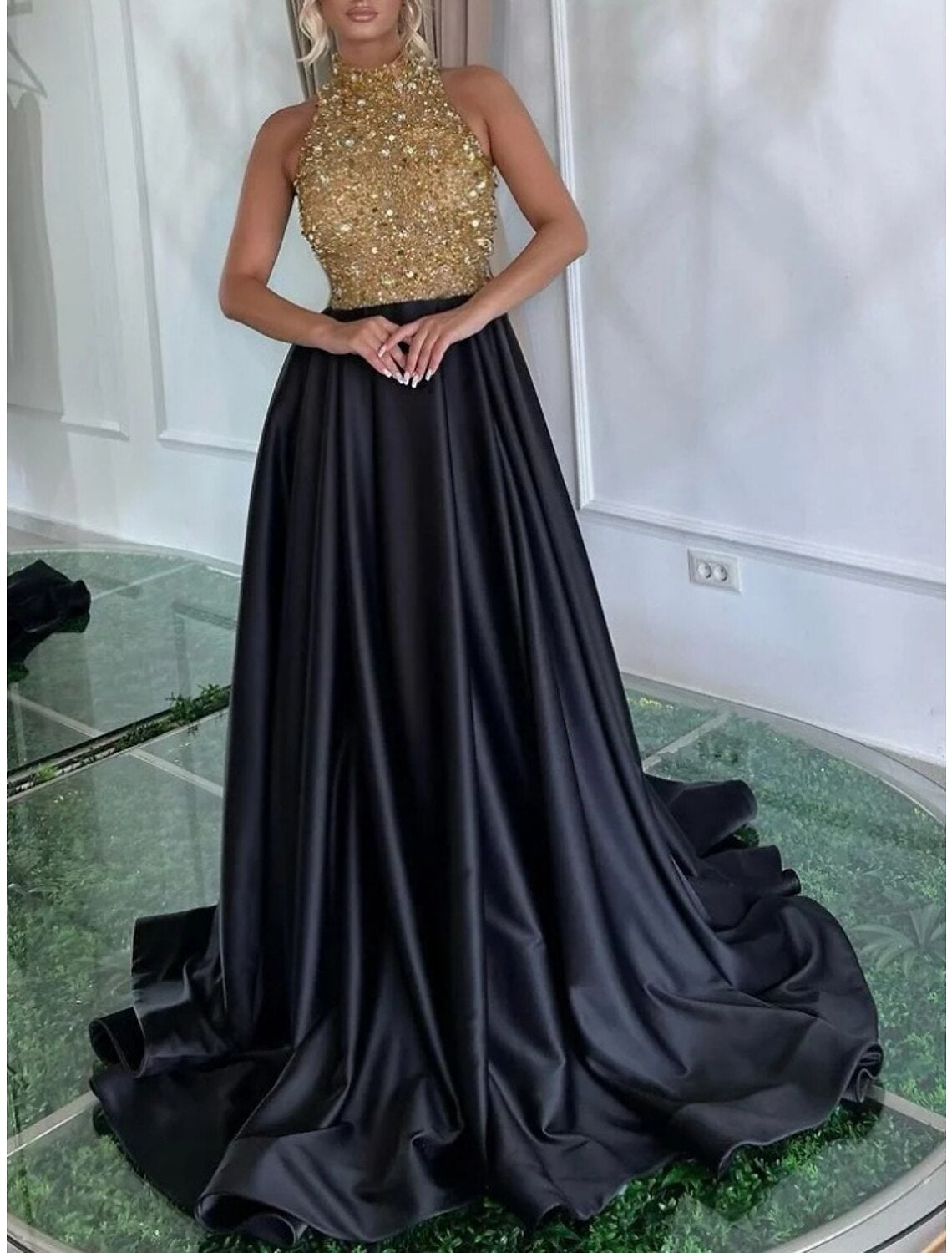 Black A-Line Satin Sleeveless Pleated Evening Gown - Chloe Dress