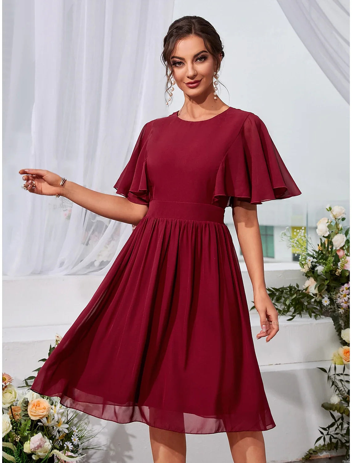 A-Line Chiffon Short Sleeve Ruffled Mini Wedding Dress - Chloe Dress