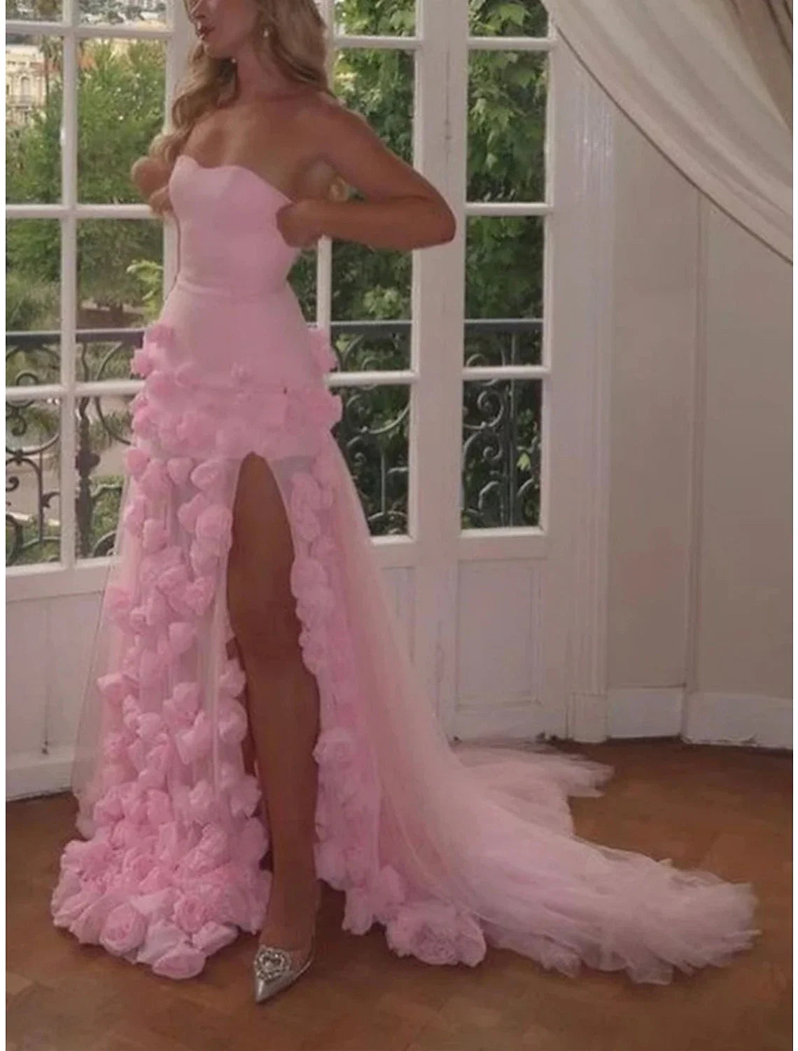 A-Line Strapless Tulle Sleeveless High Slit Prom Dress - Chloe Dress