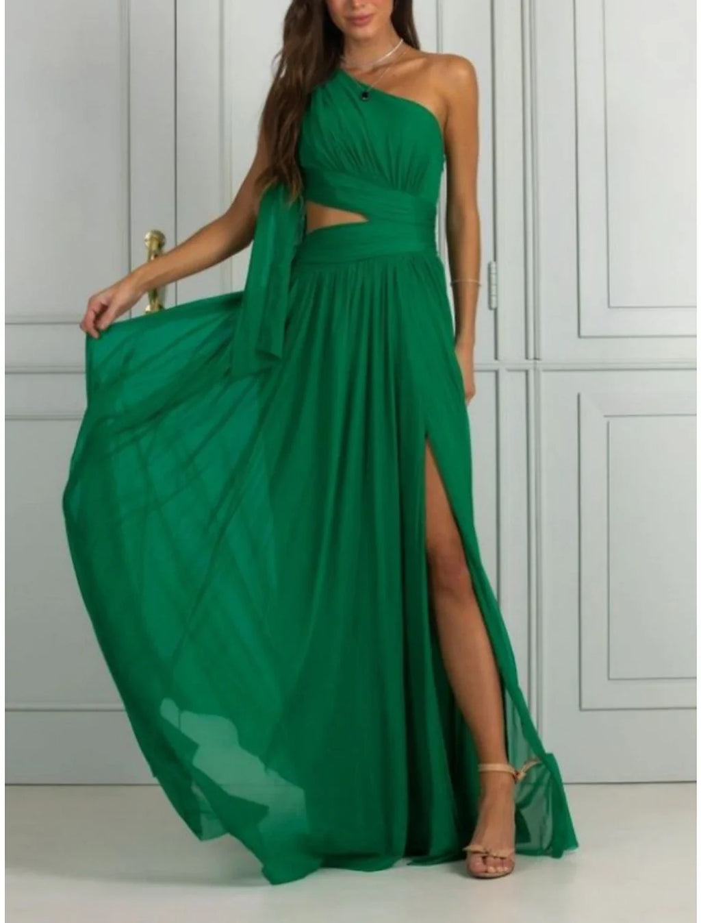 Green Sheath One-Shoulder Chiffon Sleeveless Pleated Floor-Length Dress - Chloe Dress