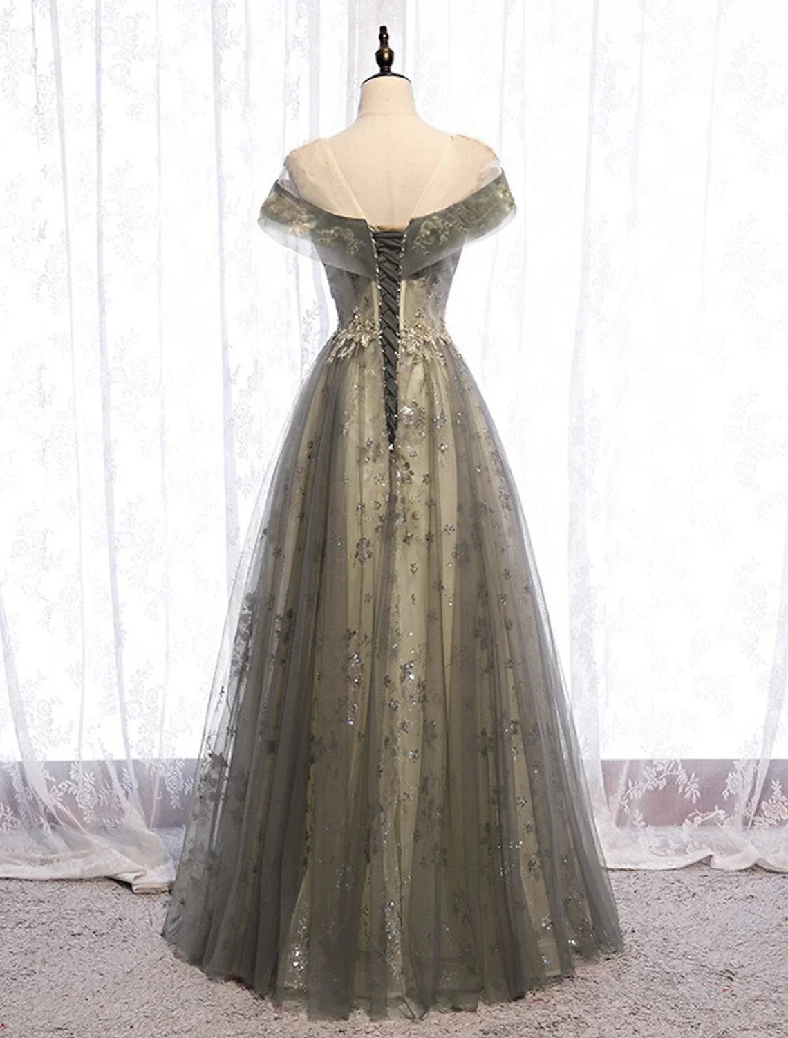 A-Line Illusion Tulle Short Sleeve Pleated Floor-Length Evening Gown - Chloe Dress