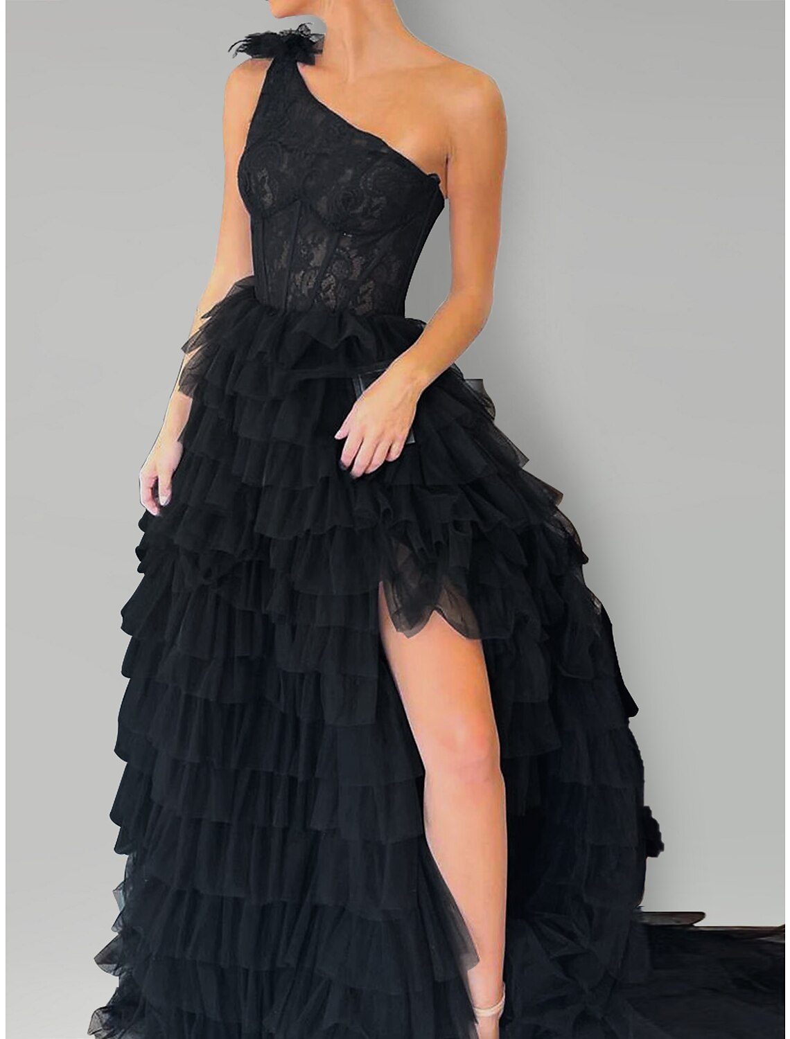 A-Line One-Shoulder Lace Sleeveless High Slit Evening Gown - Chloe Dress