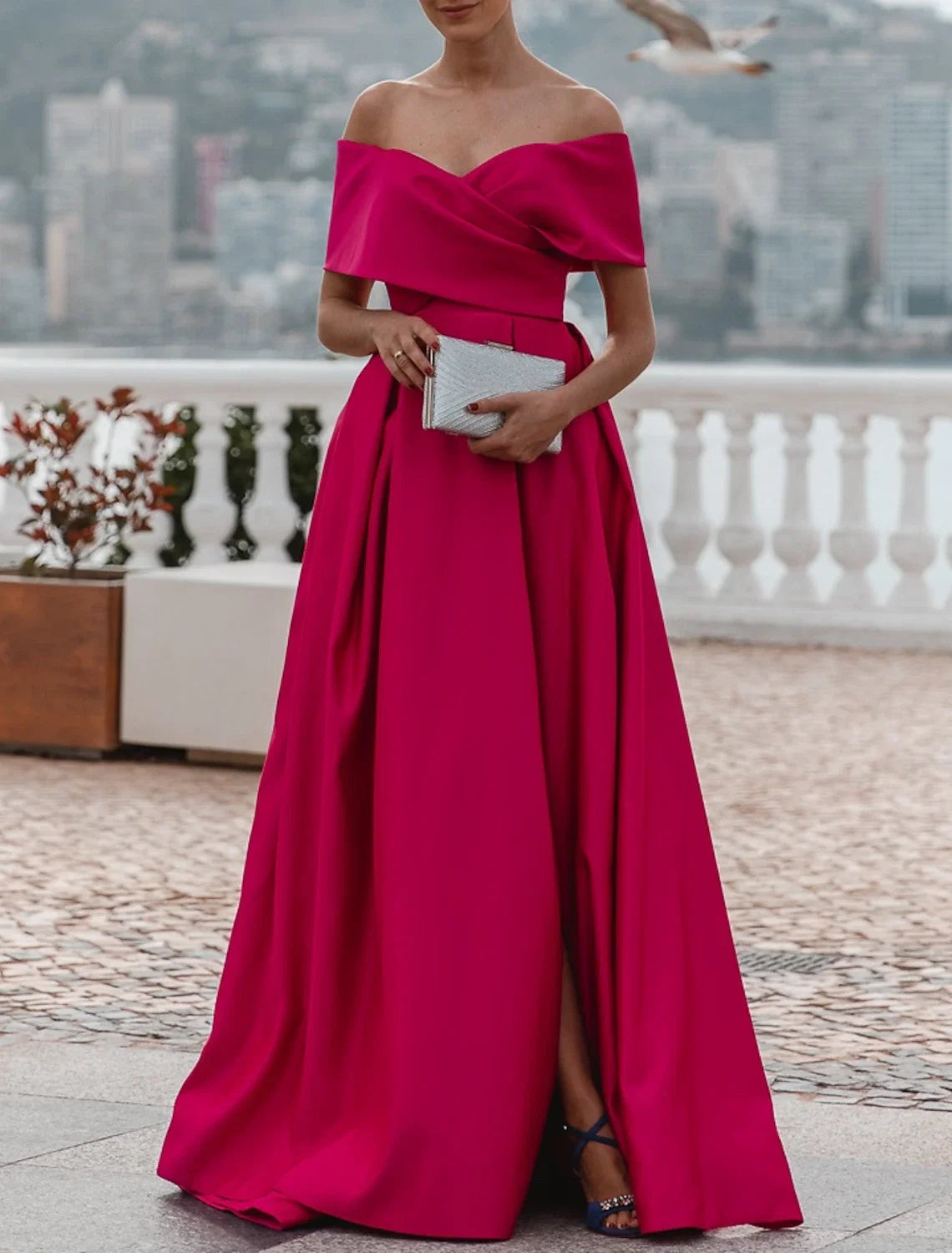 Green A-Line Off-Shoulder Satin Sleeveless High Slit Evening Gown - Chloe Dress