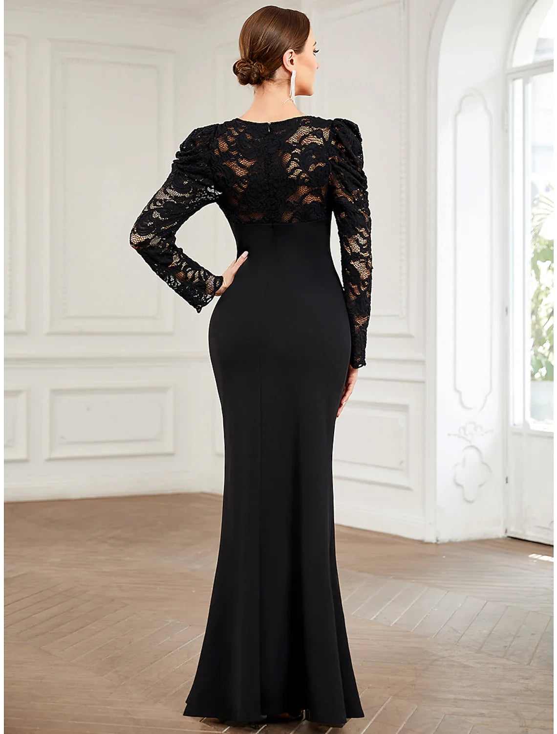 A-Line V-Neck Lace Long Sleeve Floor-Length Evening Gown - Chloe Dress