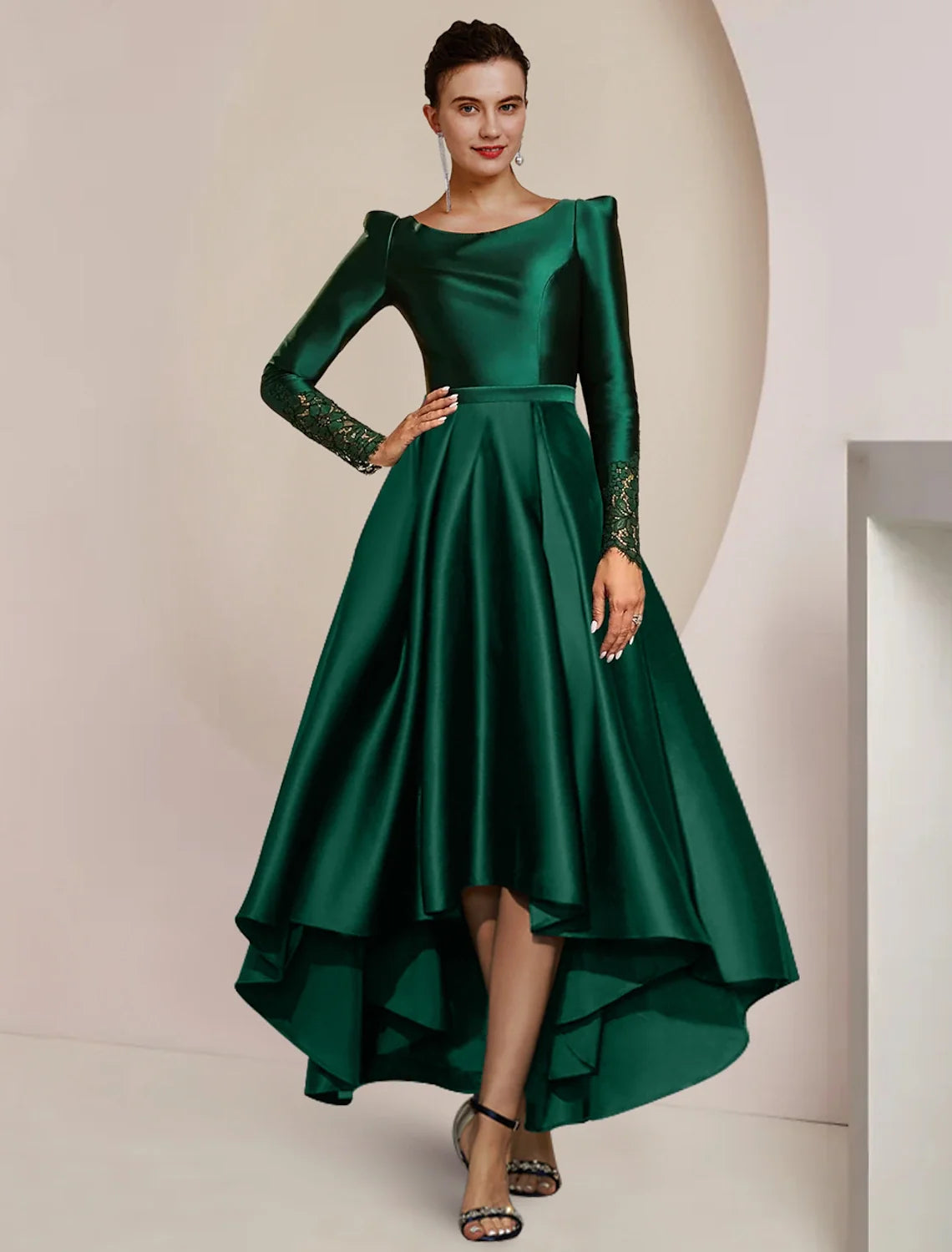A-Line High Neck Satin Long Sleeve Pleated Tea-Length Wedding Dress - Chloe Dress