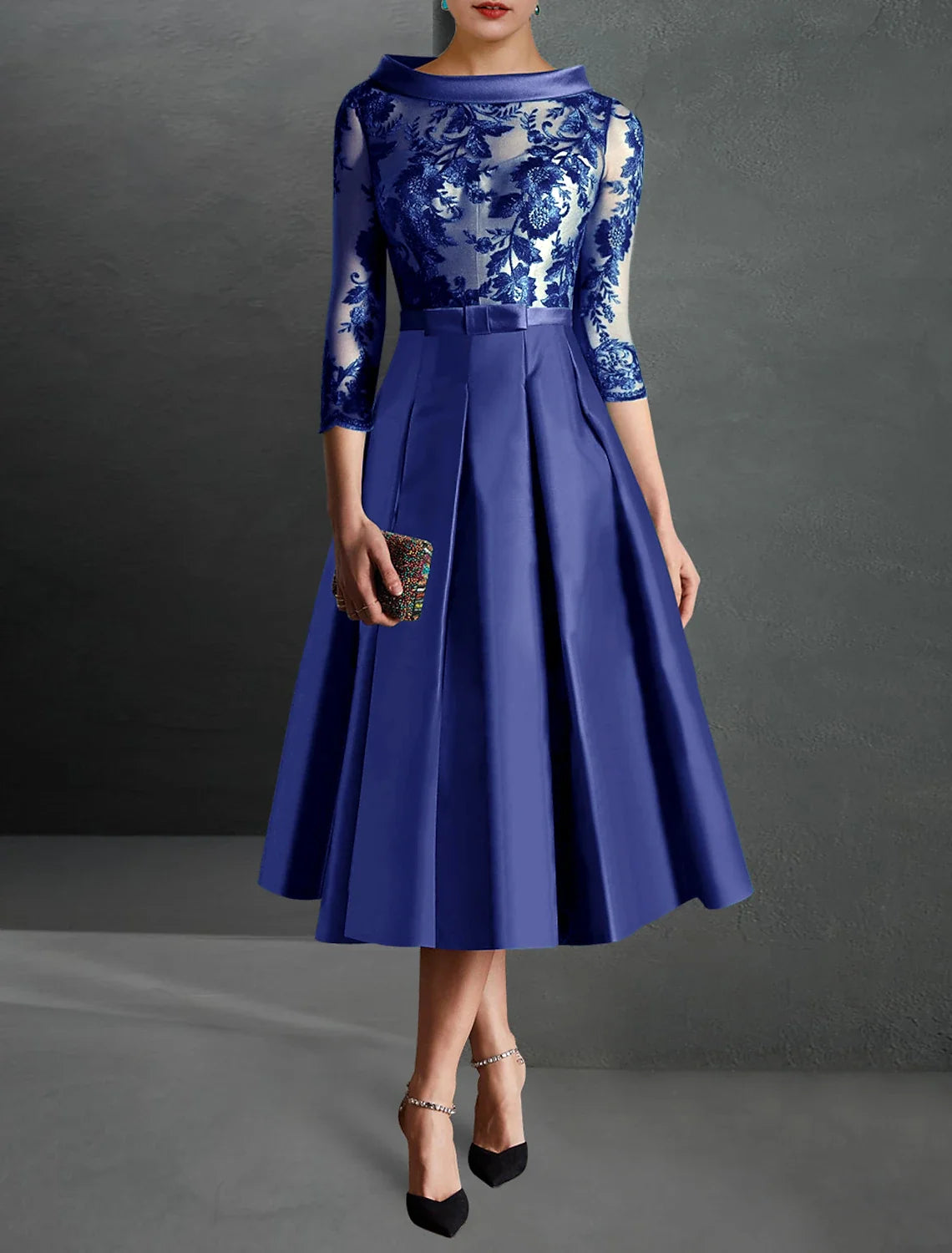 Green A-Line Satin Three-Quarter Sleeve Pleated Tea-Length Wedding Dress - Chloe Dress