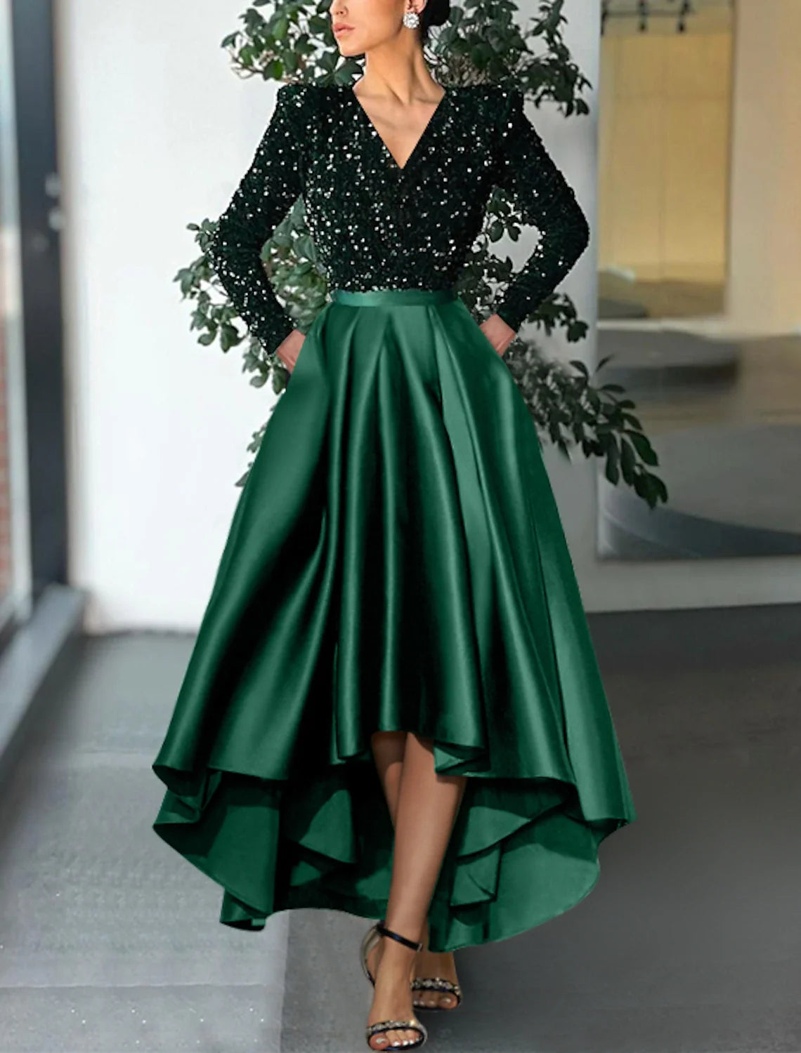 Green A-Line V-Neck Sequin Long Sleeve Tea-Length Wedding Dress - Chloe Dress