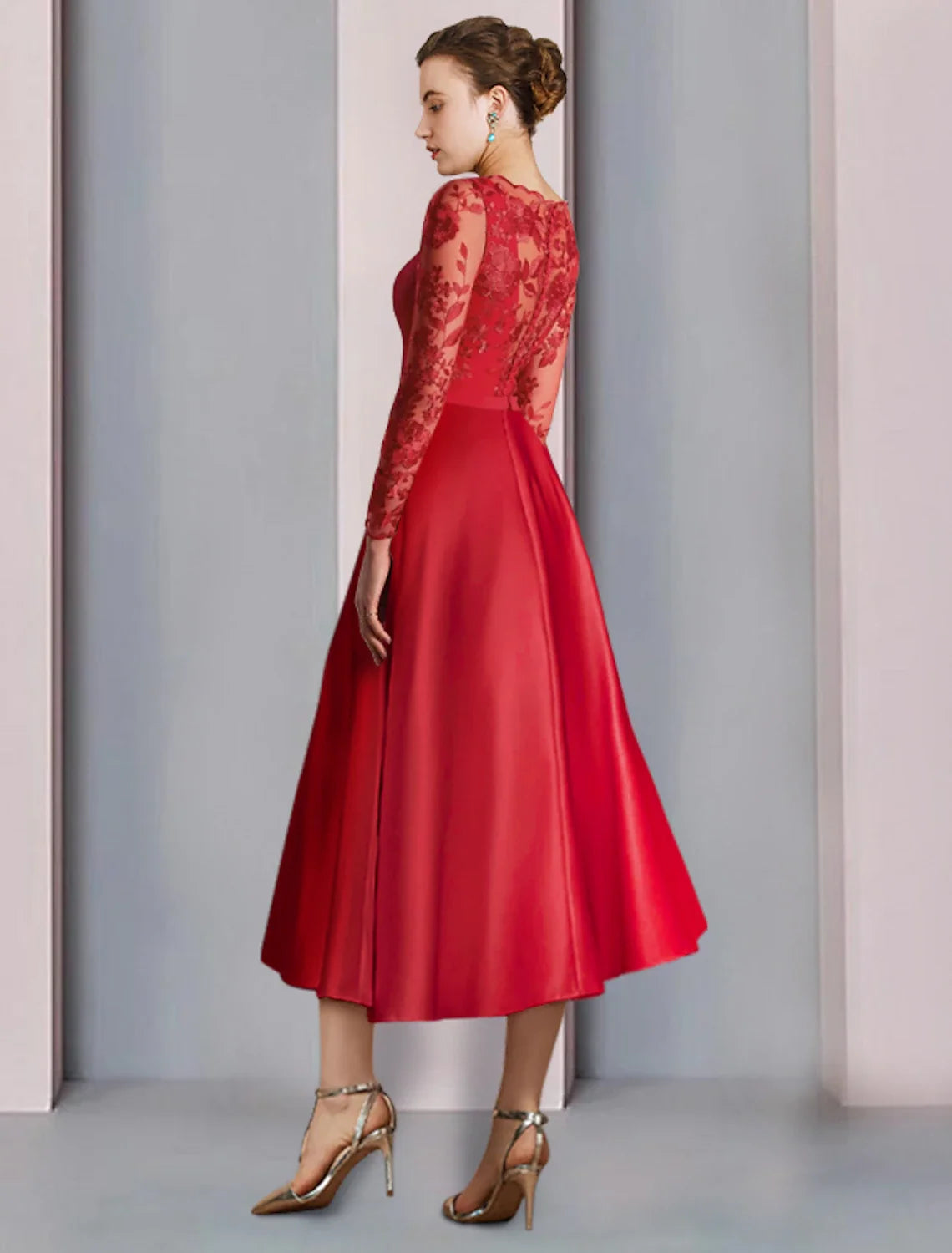 A-Line Square Neck Satin Long Sleeve Applique Tea-Length Wedding Dress - Chloe Dress