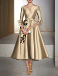 Green A-Line V-Neck Satin Three-Quarter Sleeve Applique Tea-Length Wedding Dress - Chloe Dress
