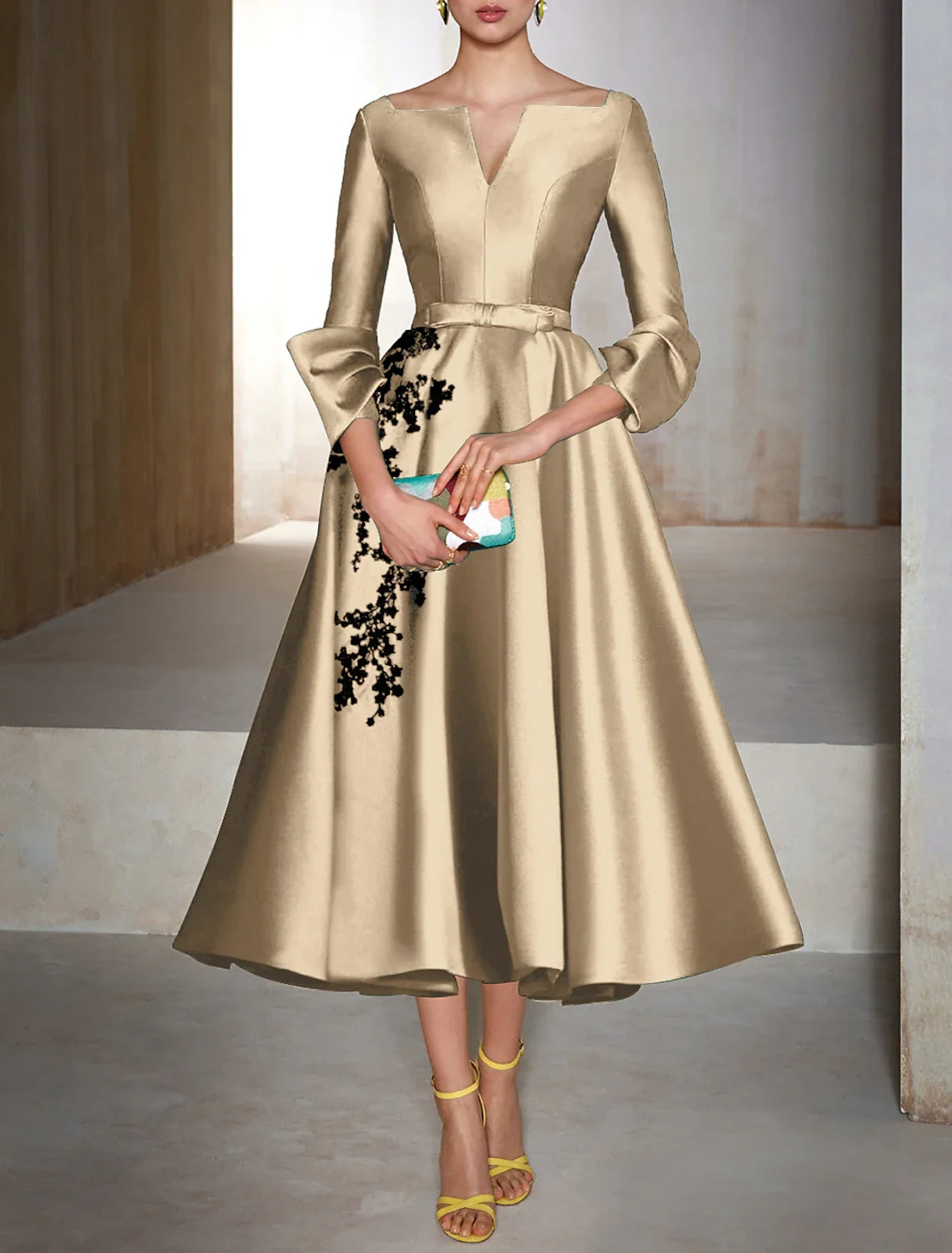 Green A-Line V-Neck Satin Three-Quarter Sleeve Applique Tea-Length Wedding Dress - Chloe Dress