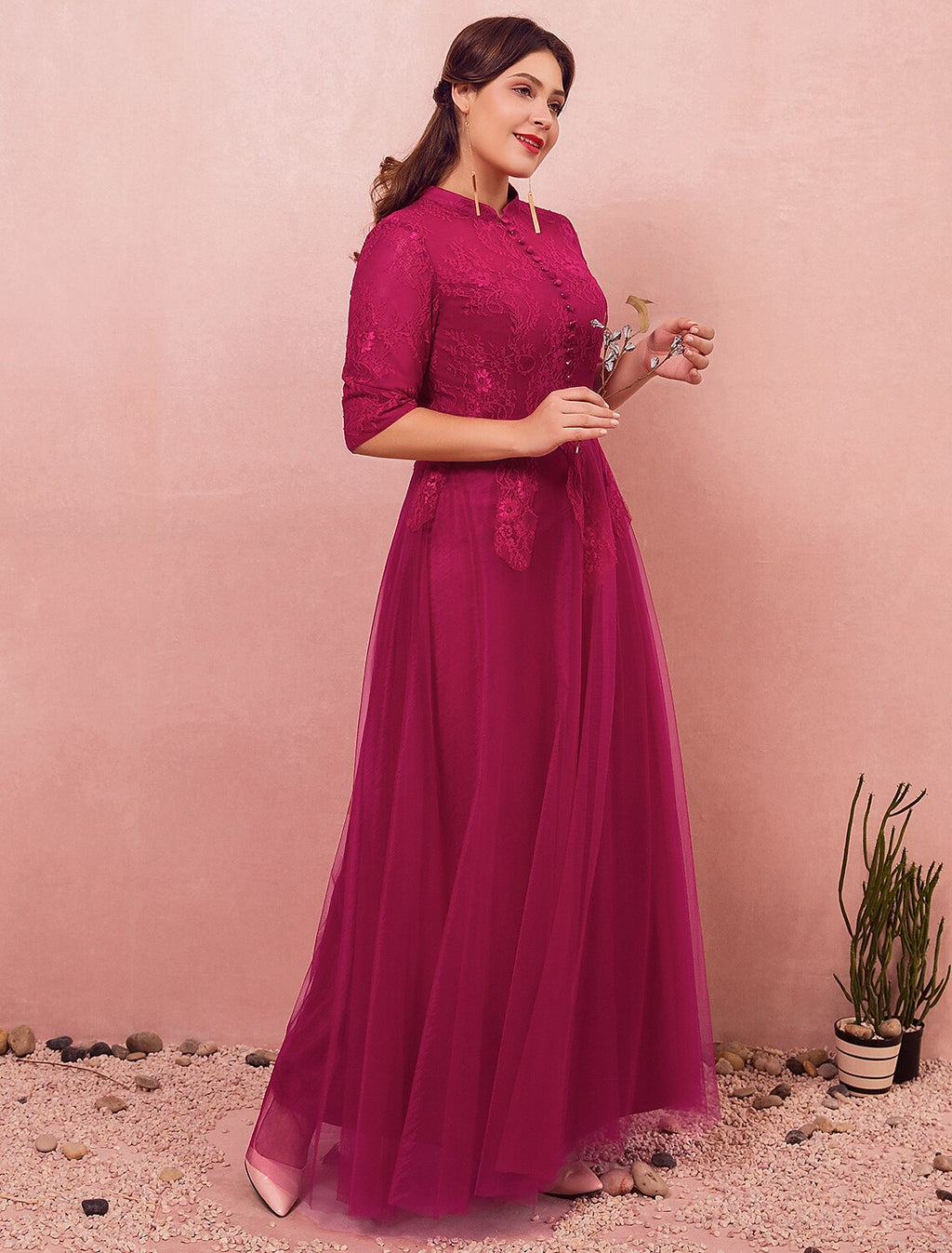 A-Line High Neck Lace Button Back Floor-Length Evening Dress - Chloe Dress