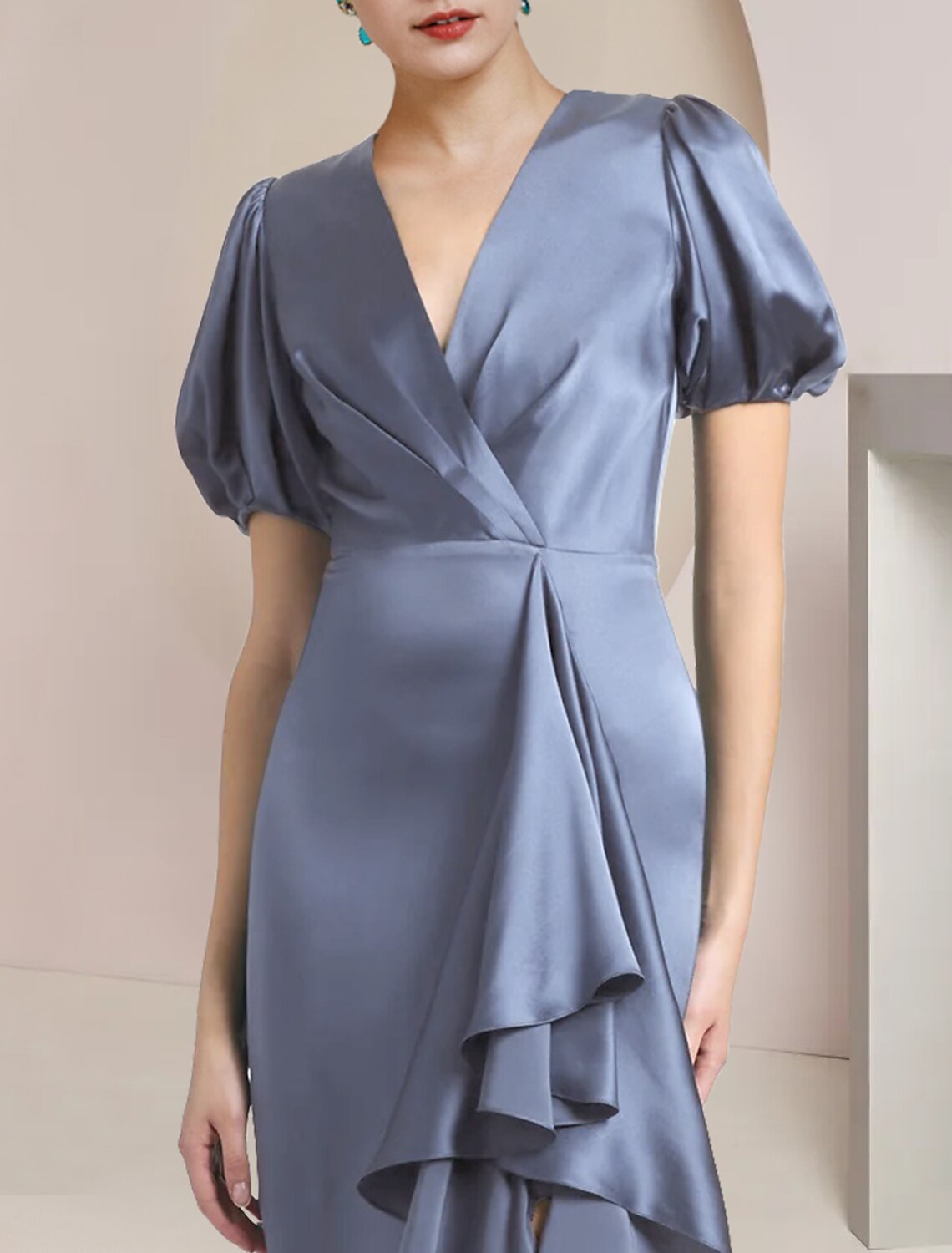 A-Line V-Neck Satin Short Sleeve Ruffled Mini Wedding Dress - Chloe Dress