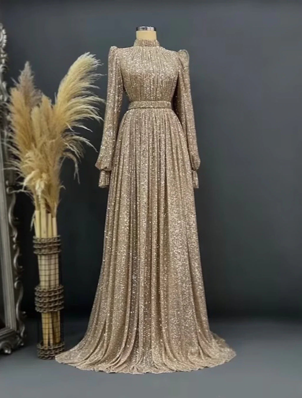 Black A-Line Sequin Long Sleeve Floor-Length Evening Gown - Chloe Dress