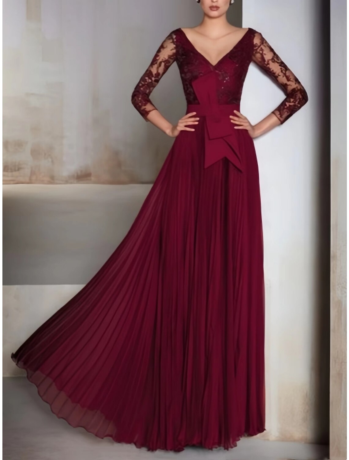 A-Line V-Neck Chiffon Three-Quarter Sleeve Pleated Floor-Length Evening Gown - Chloe Dress