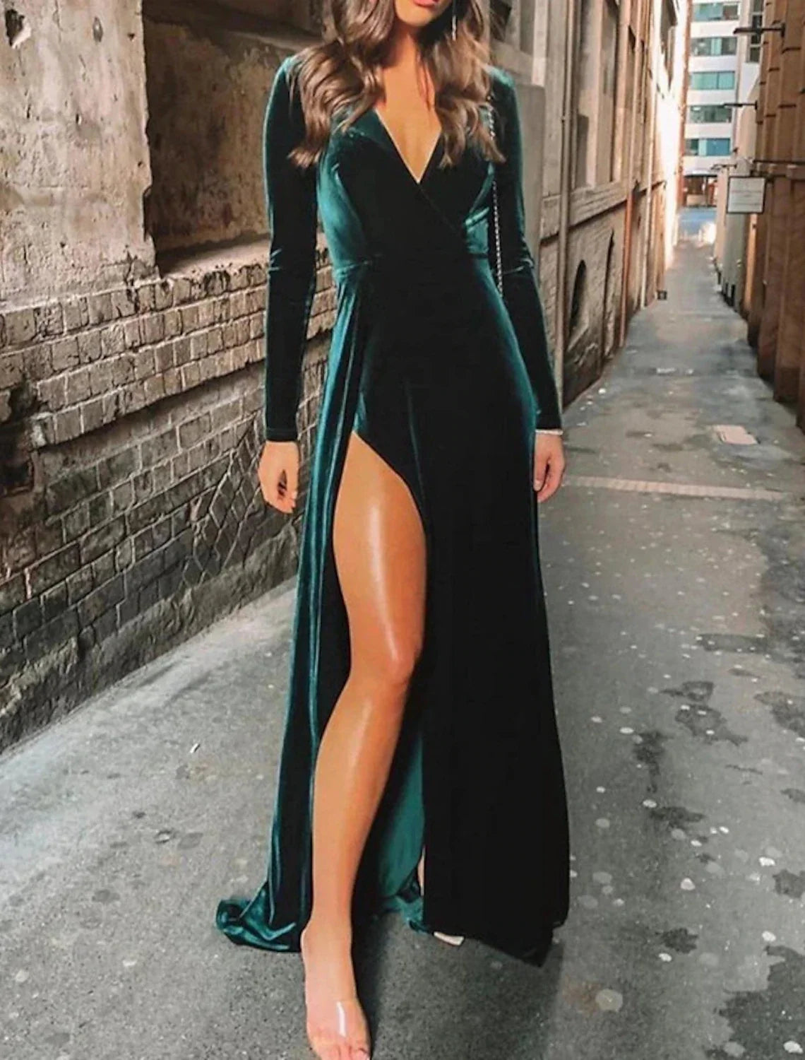 A-Line V-Neck Velvet Long Sleeve Train Wedding Dress - Chloe Dress
