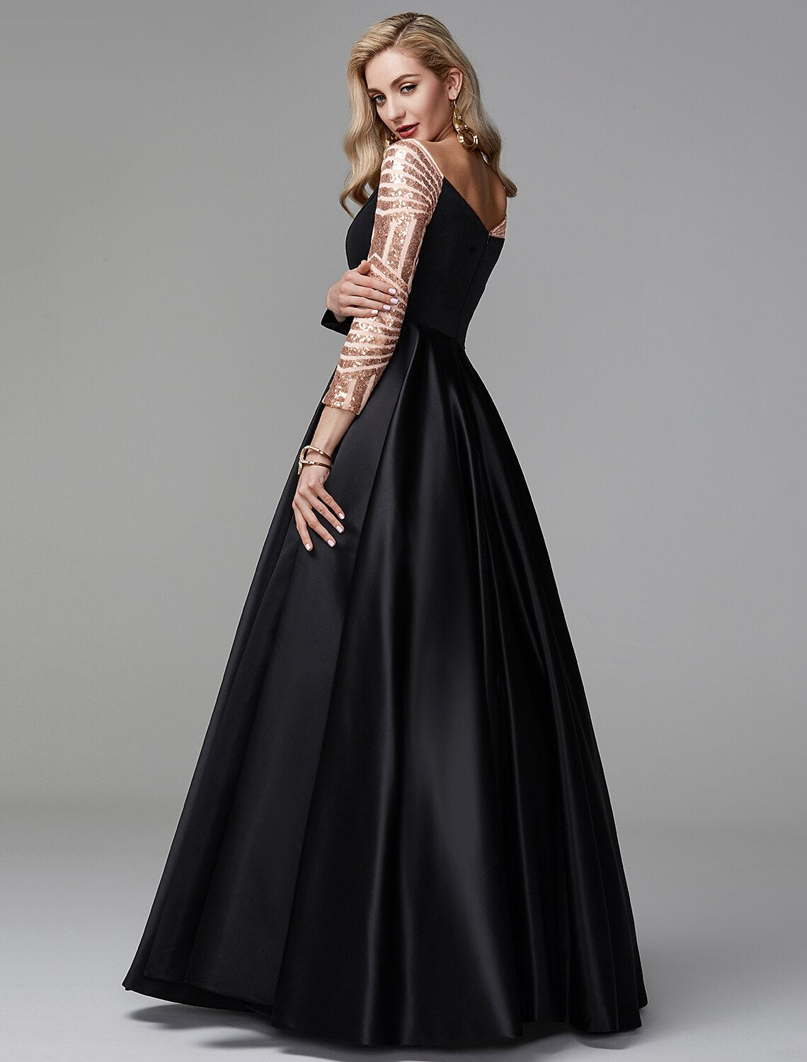 Black Ball Gown Off-Shoulder Satin Long Sleeve Floor-Length Evening Gown - Chloe Dress