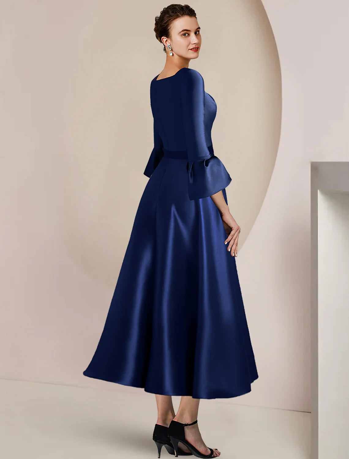 A-Line Satin Three-Quarter Sleeve Tea-Length Wedding Dress - Chloe Dress