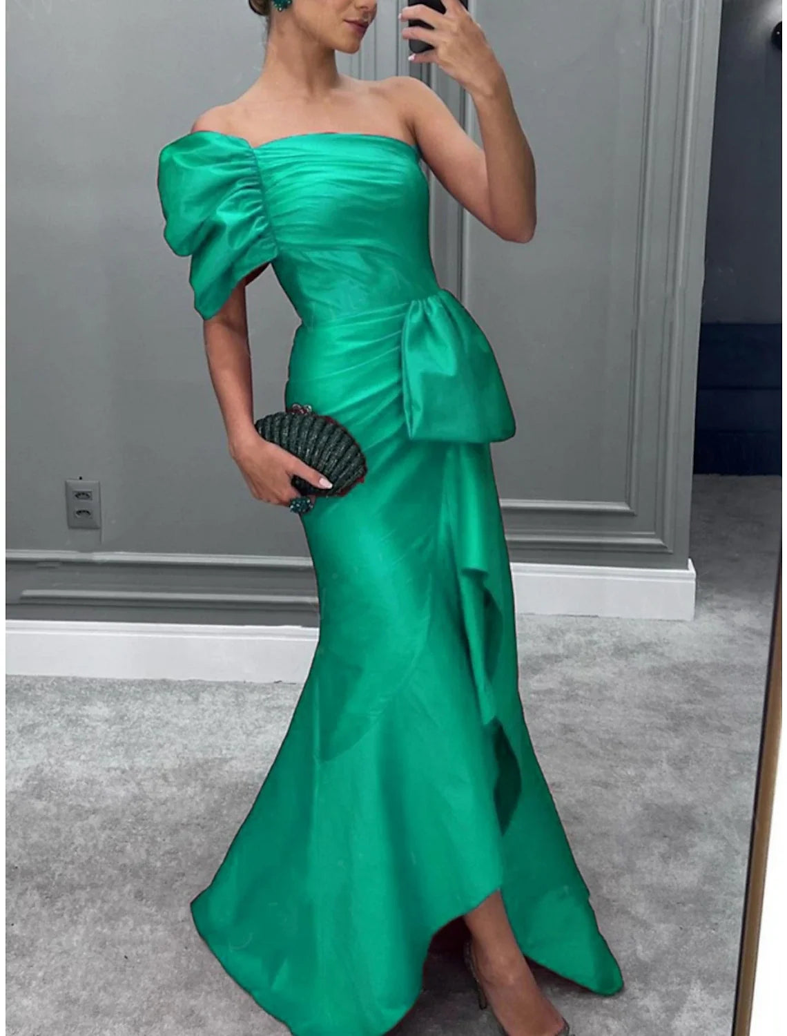 Green Mermaid One-Shoulder Satin Short Sleeve Ruffled Mini Evening Gown - Chloe Dress