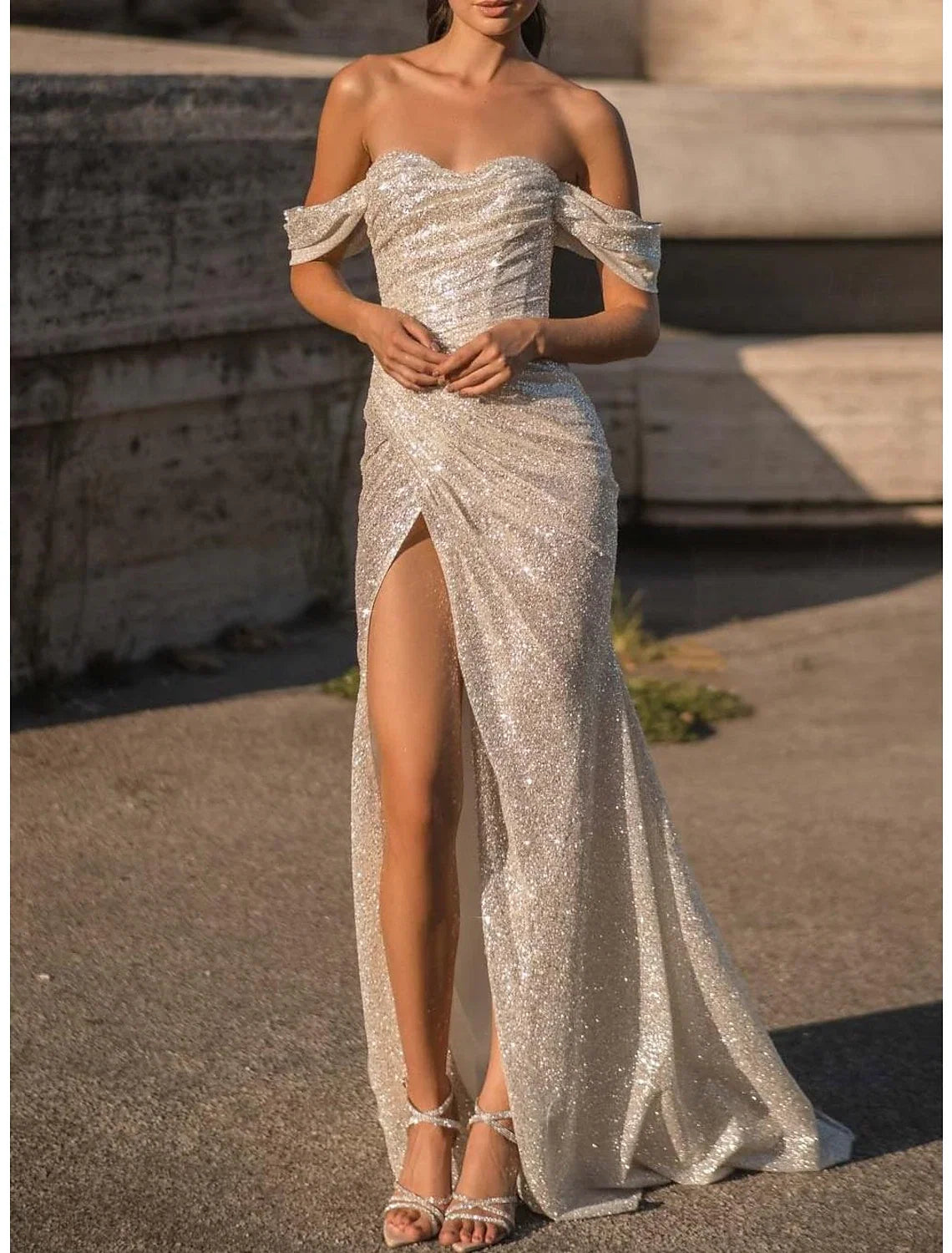 A-Line Off-Shoulder Sequin Sleeveless Pleated Wedding Gown - Chloe Dress