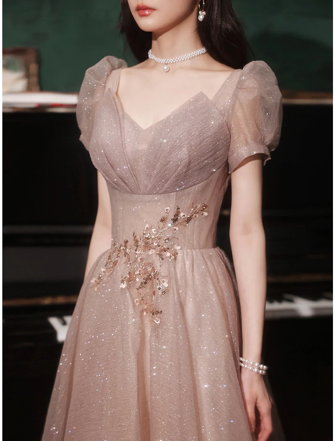 A-Line V-Neck Tulle Short Sleeve Floor-Length Prom Dress - Chloe Dress