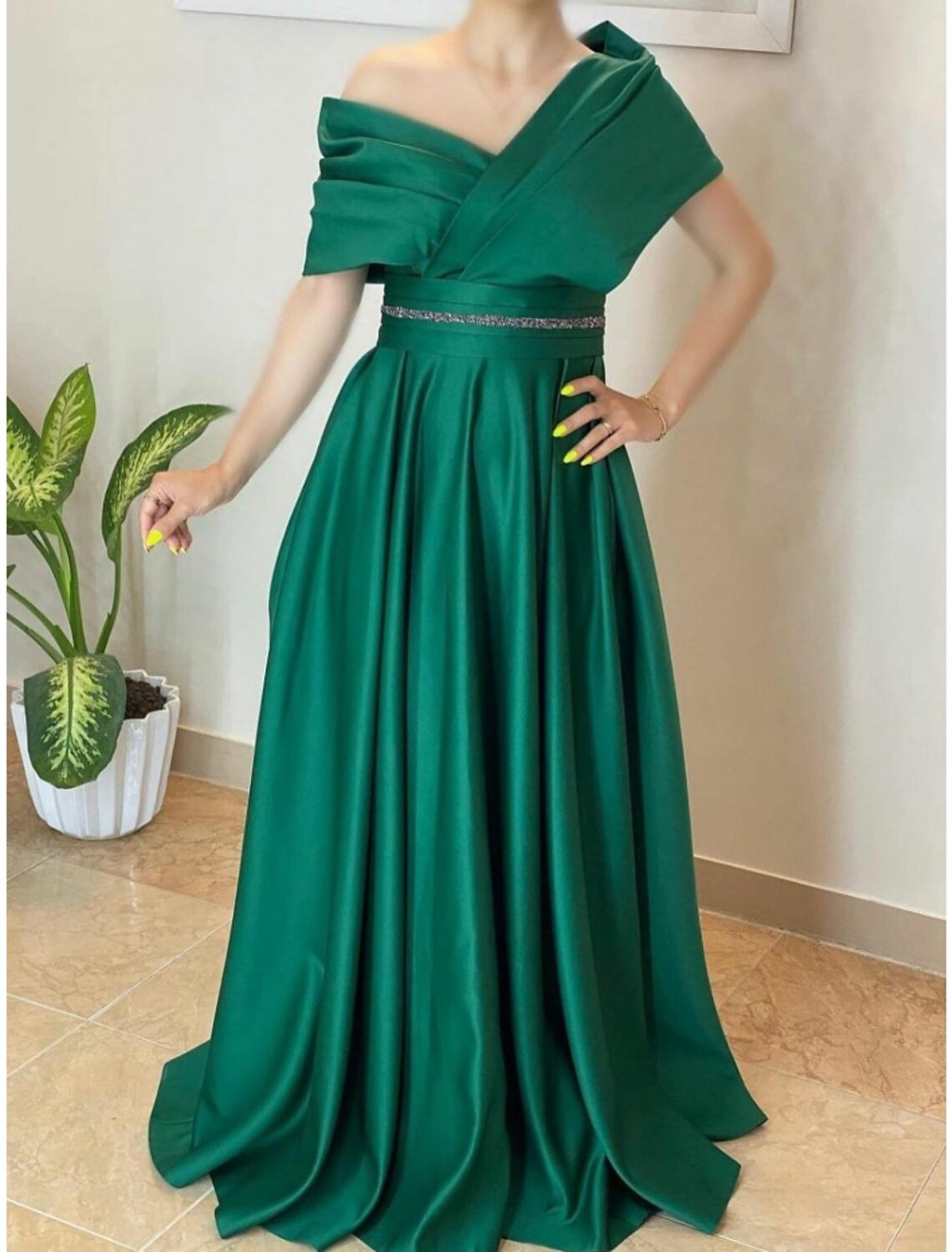 Green A-Line Off-Shoulder Satin Short Sleeve Pleated Mini Evening Gown - Chloe Dress