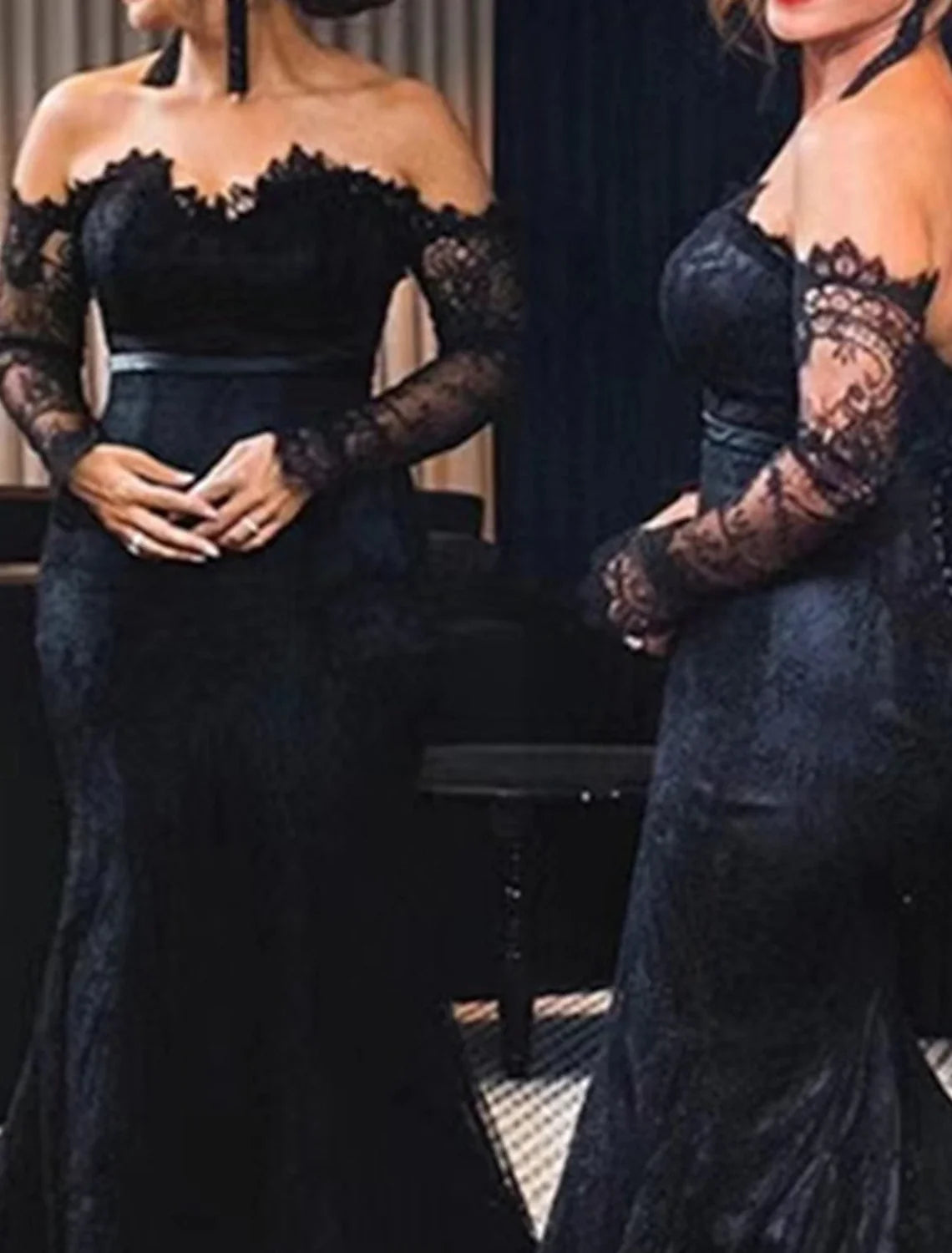 Mermaid Off-Shoulder Lace Long Sleeve Button Back Train Floor-Length Evening Gown - Chloe Dress