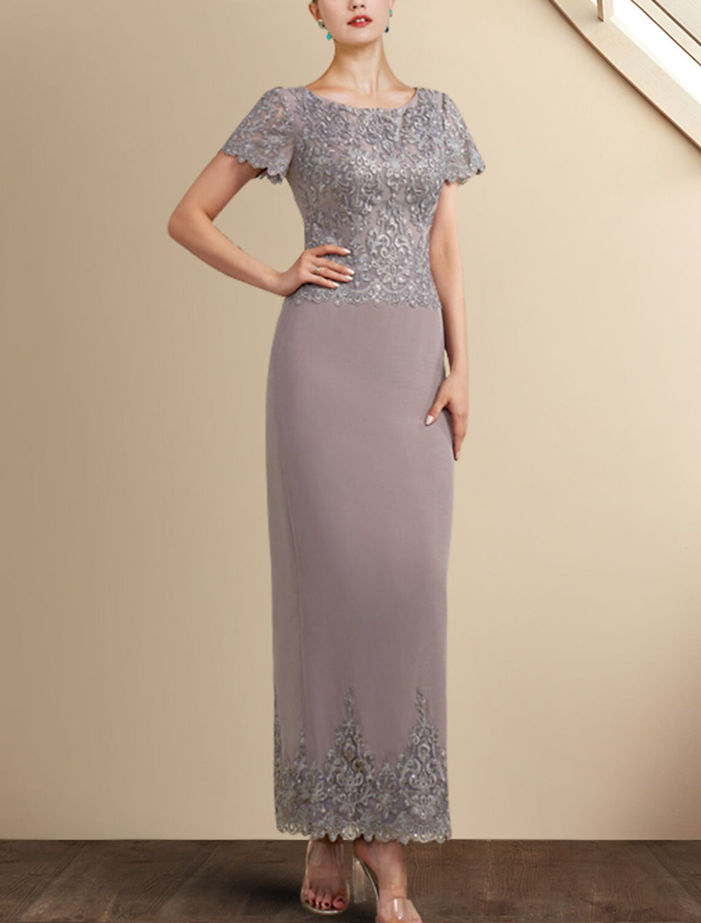 Sheath Chiffon Short Sleeve Applique Mini Dress - Chloe Dress