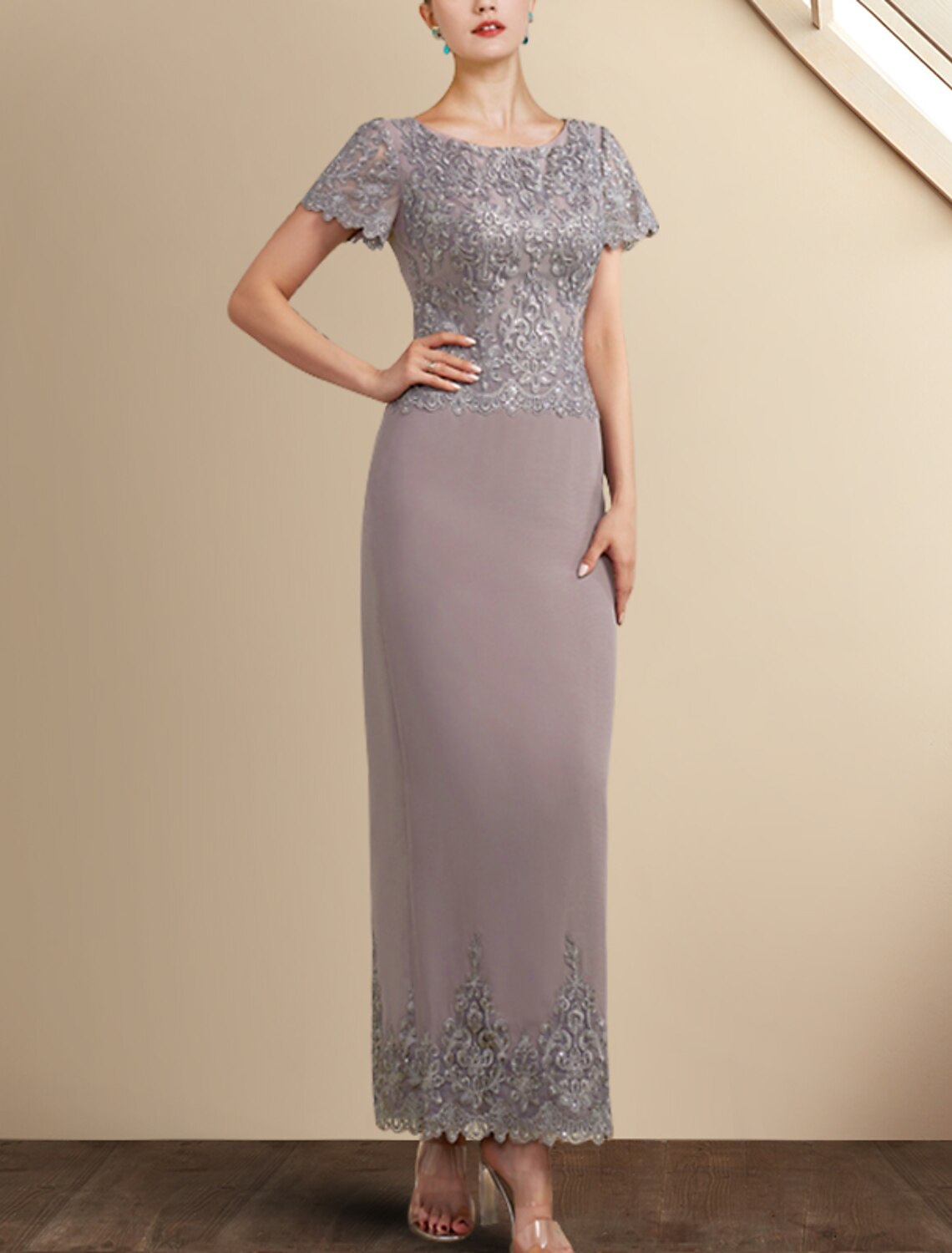 Sheath Chiffon Short Sleeve Applique Mini Dress - Chloe Dress