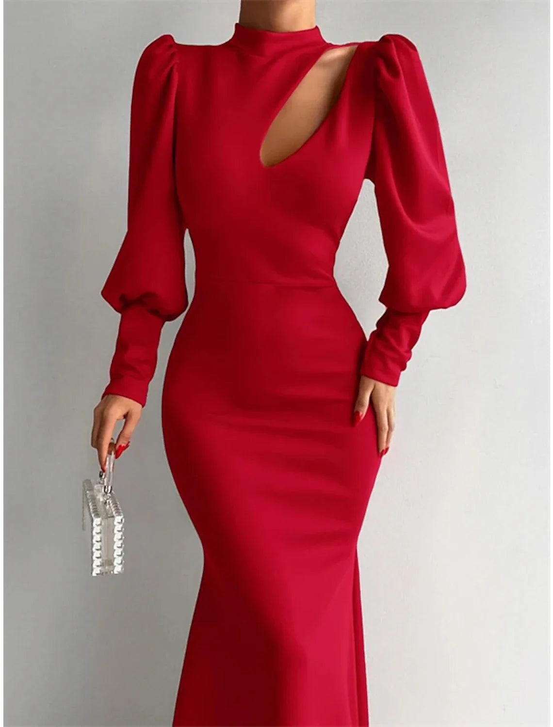Green Mermaid High Neck Satin Long Sleeve Train Evening Gown - Chloe Dress
