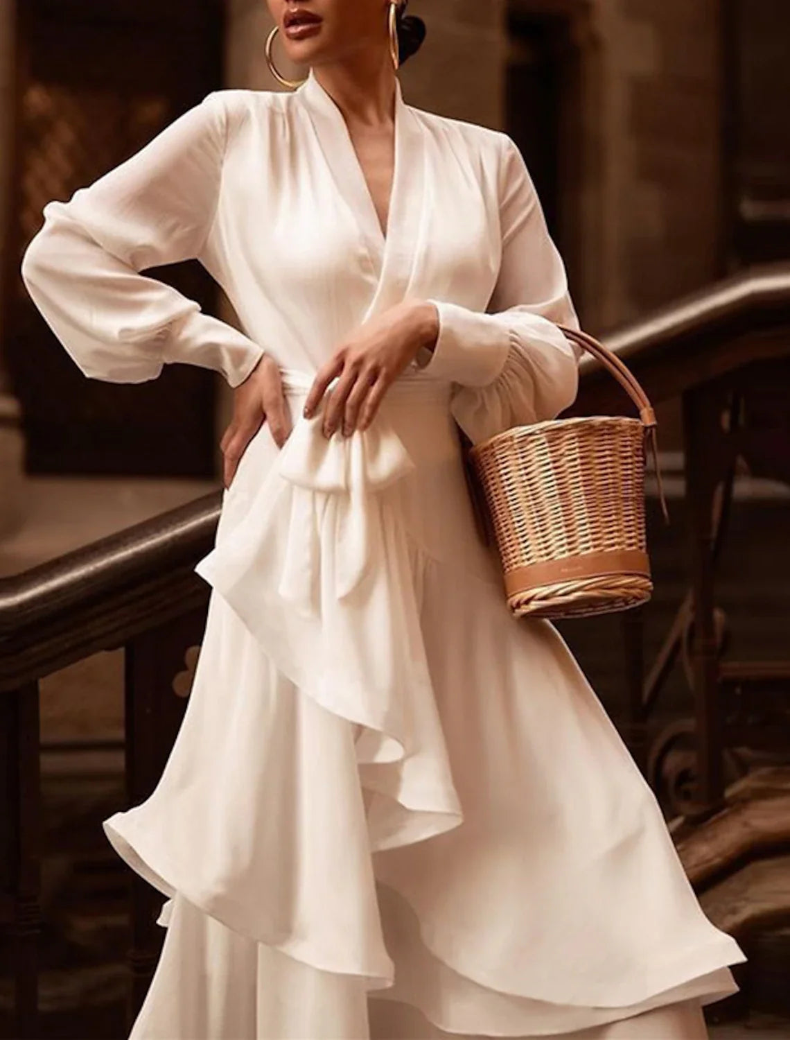 White A-Line V-Neck Chiffon Long Sleeve Ruffled Wedding Gown - Chloe Dress