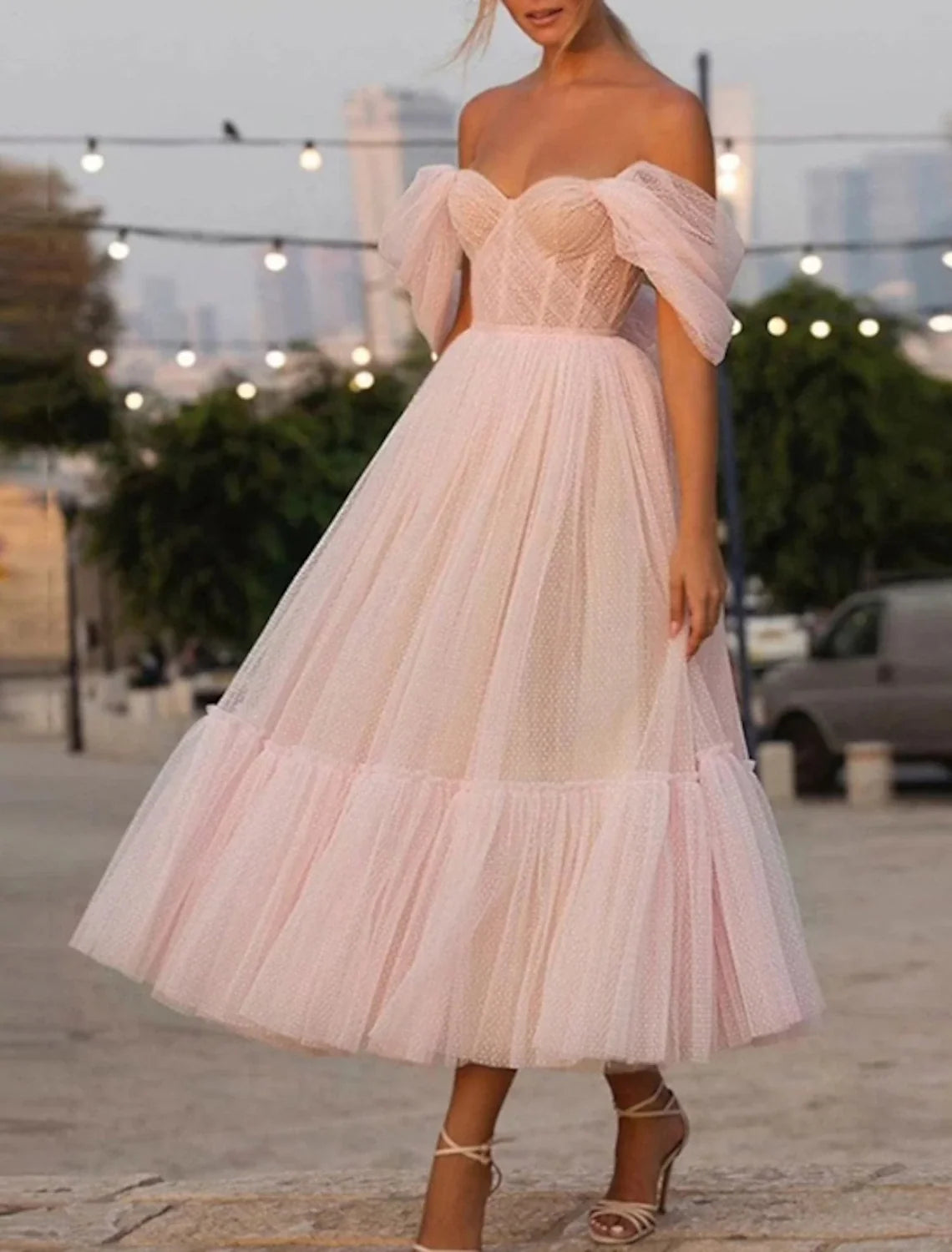 Pink A-Line Strapless Tulle Short Sleeve Mini Prom Dress - Chloe Dress
