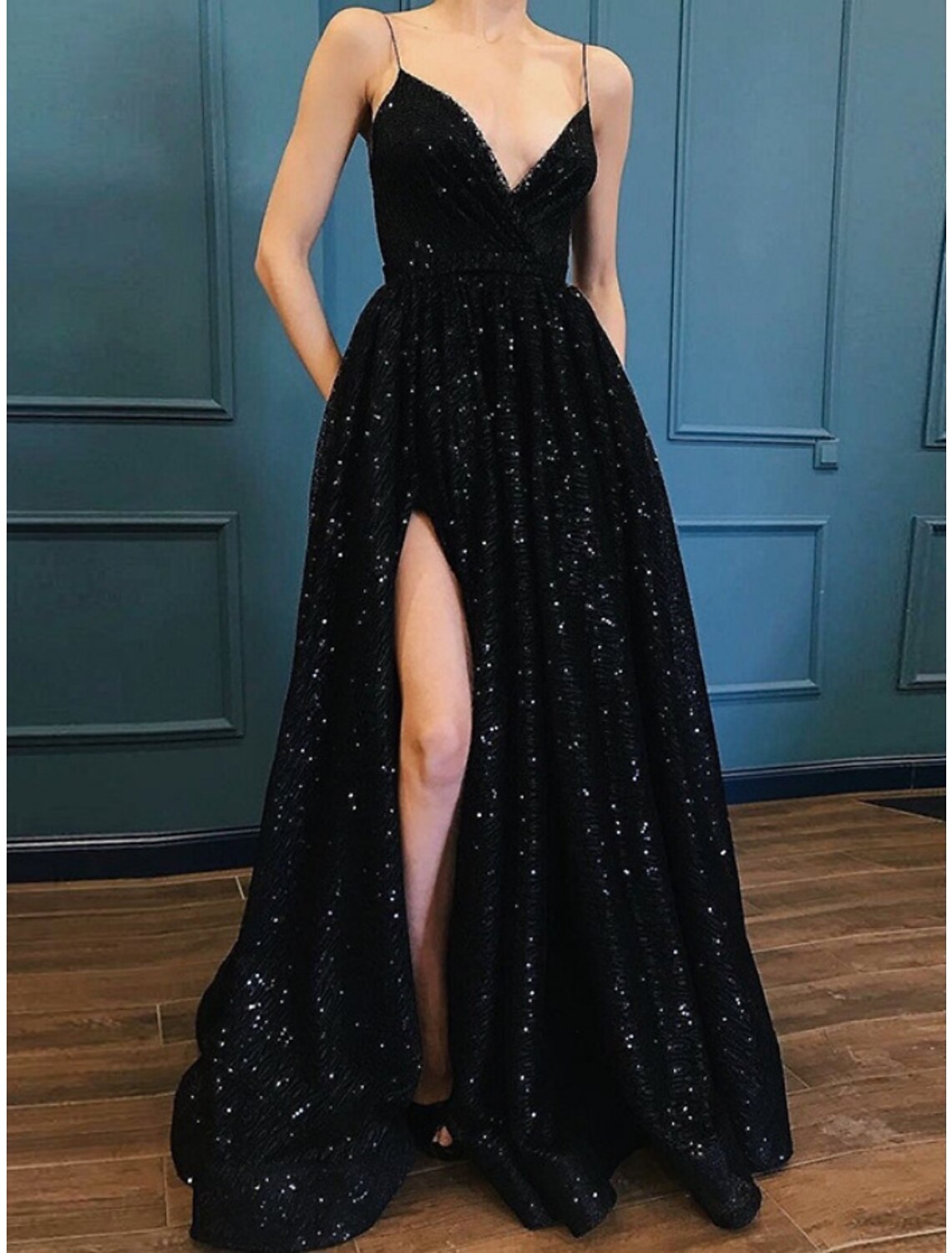 Black A-Line Spaghetti Strap Sequin Sleeveless High Slit Evening Gown - Chloe Dress
