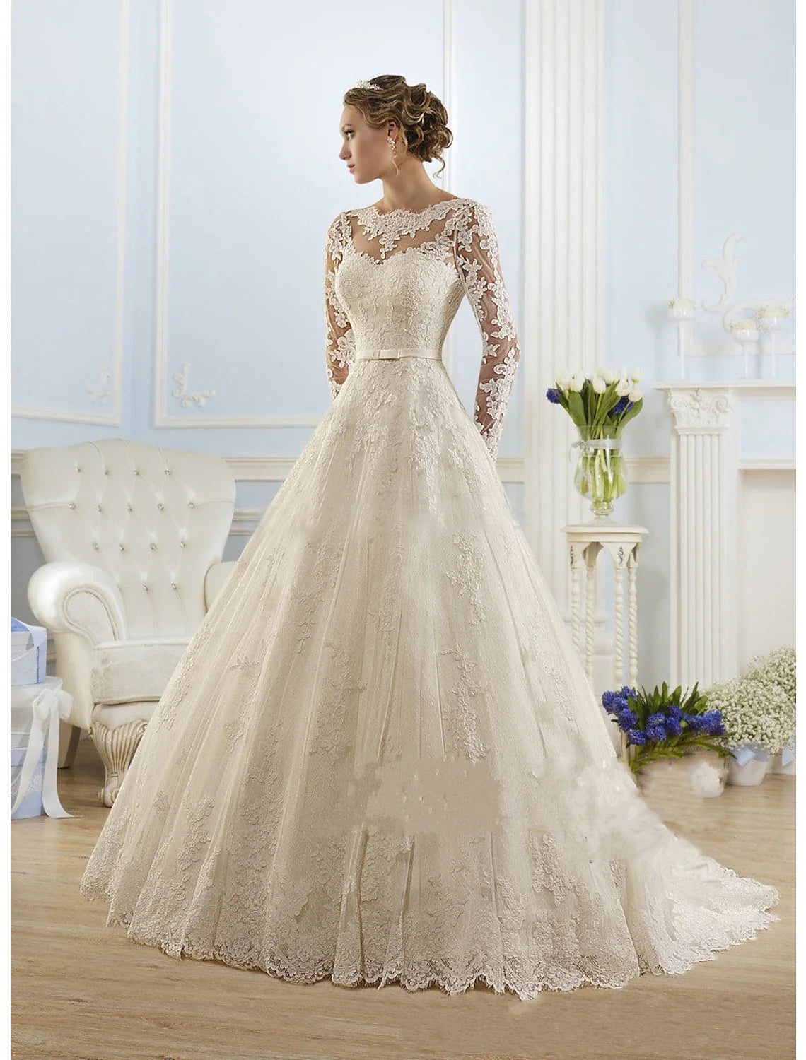 Ball Gown Illusion Lace Long Sleeve Train Wedding Gown - Chloe Dress