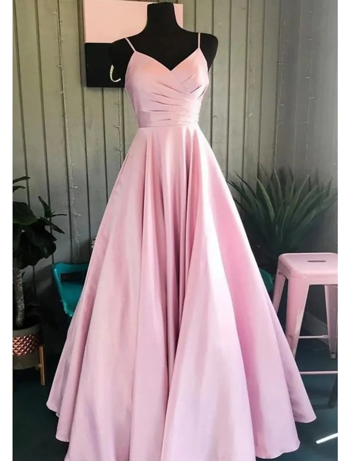 A-Line V-Neck Satin Sleeveless Backless Pleated Floor-Length Prom Dress - Chloe Dress