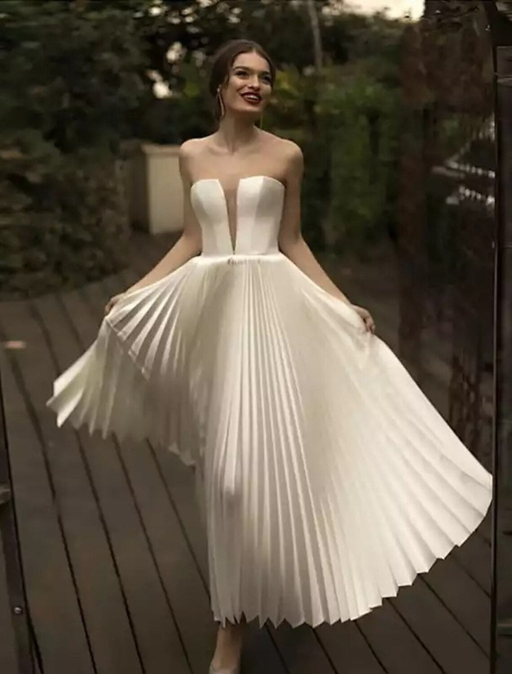 White A-Line Sweetheart Lace Pleated Ankle-Length Wedding Gown - Chloe Dress