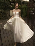 White A-Line Sweetheart Lace Pleated Ankle-Length Wedding Gown - Chloe Dress