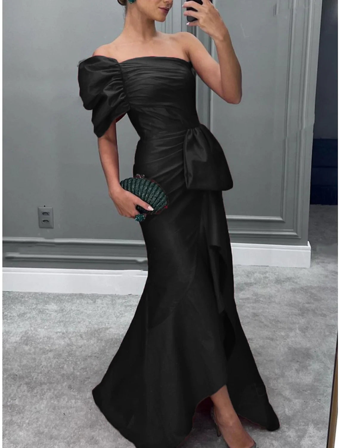 Green Mermaid One-Shoulder Satin Short Sleeve Ruffled Mini Evening Gown - Chloe Dress