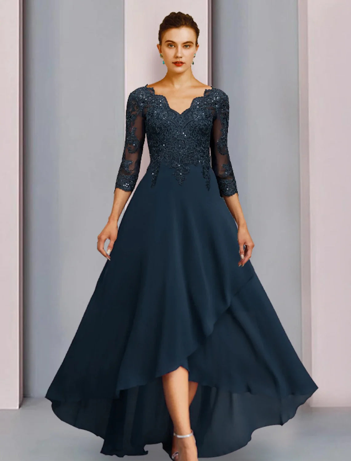 Sheath V-Neck Chiffon Three-Quarter Sleeve Pleated Wedding Dress - Chloe Dress