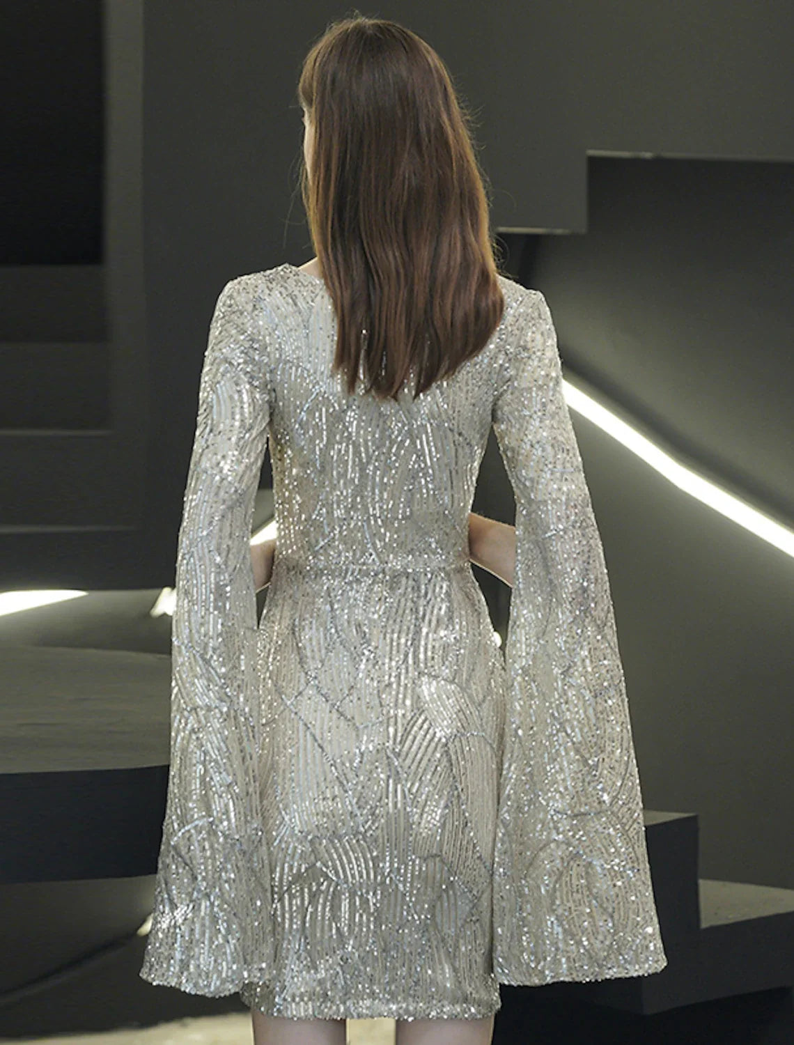 Sheath V-Neck Sequin Long Sleeve High Slit Mini Cocktail Dress - Chloe Dress