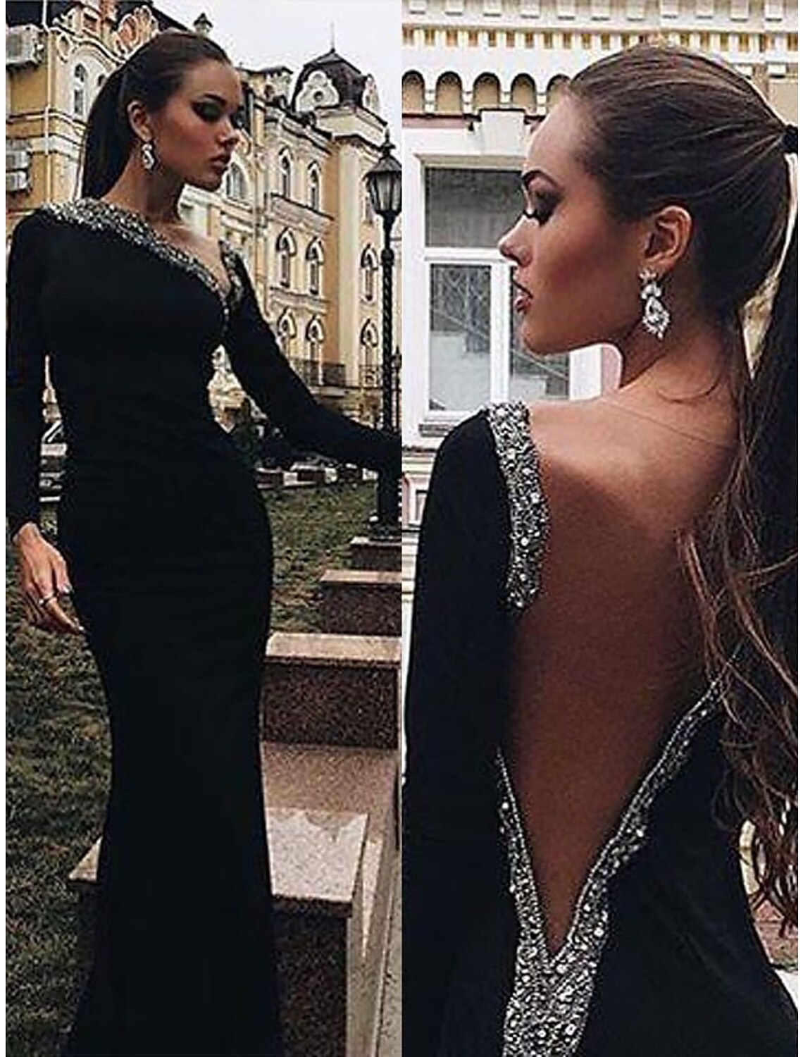 Mermaid V-Neck Long Sleeve Open Back Floor-Length Evening Gown - Chloe Dress