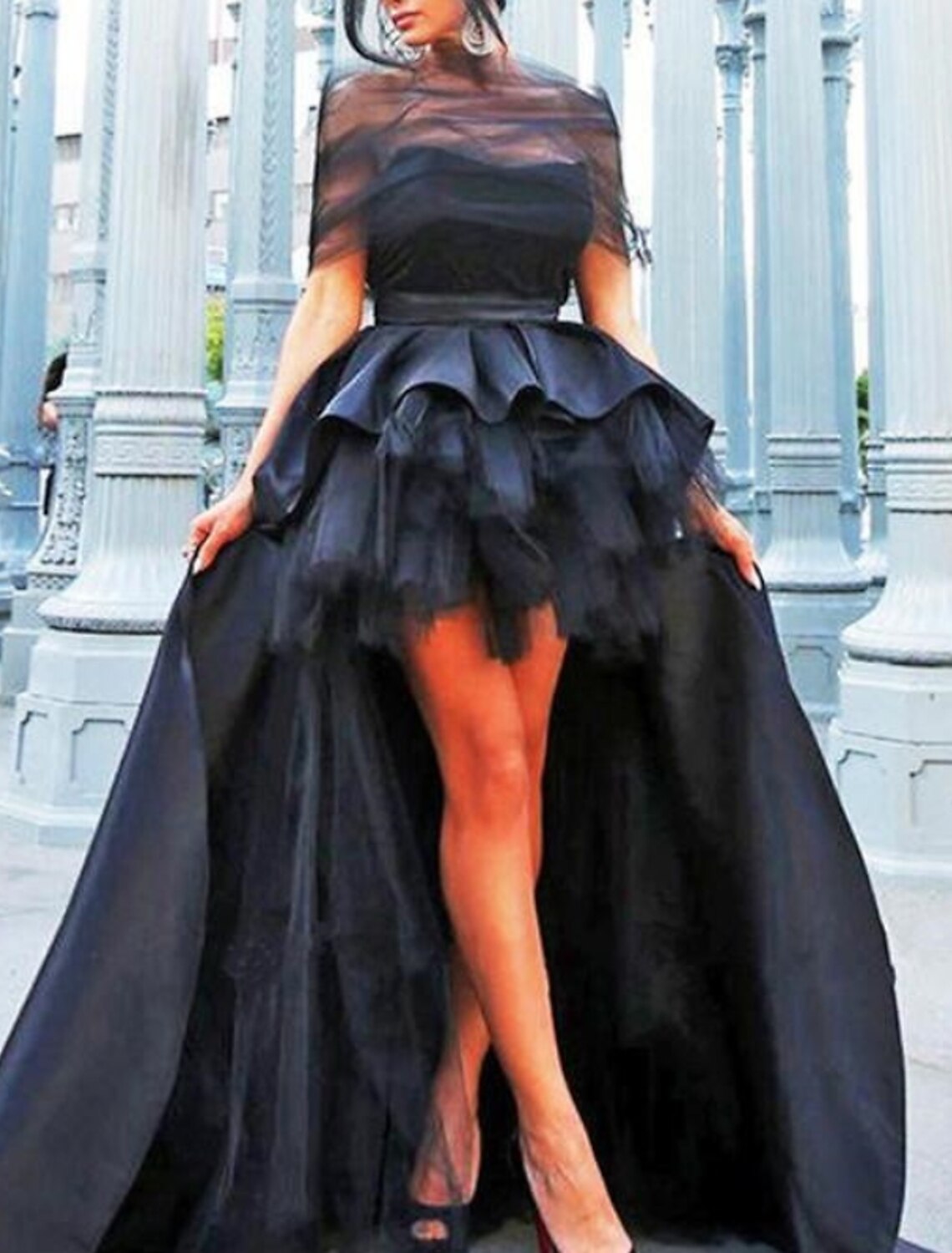 Black A-Line Illusion Satin Short Sleeve Pleated Mini Evening Gown - Chloe Dress